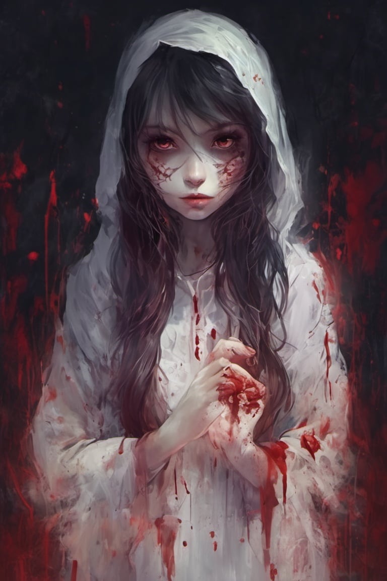 ghost girl, scary with blood, high quality, scary darkness background, CryingBlood, blood