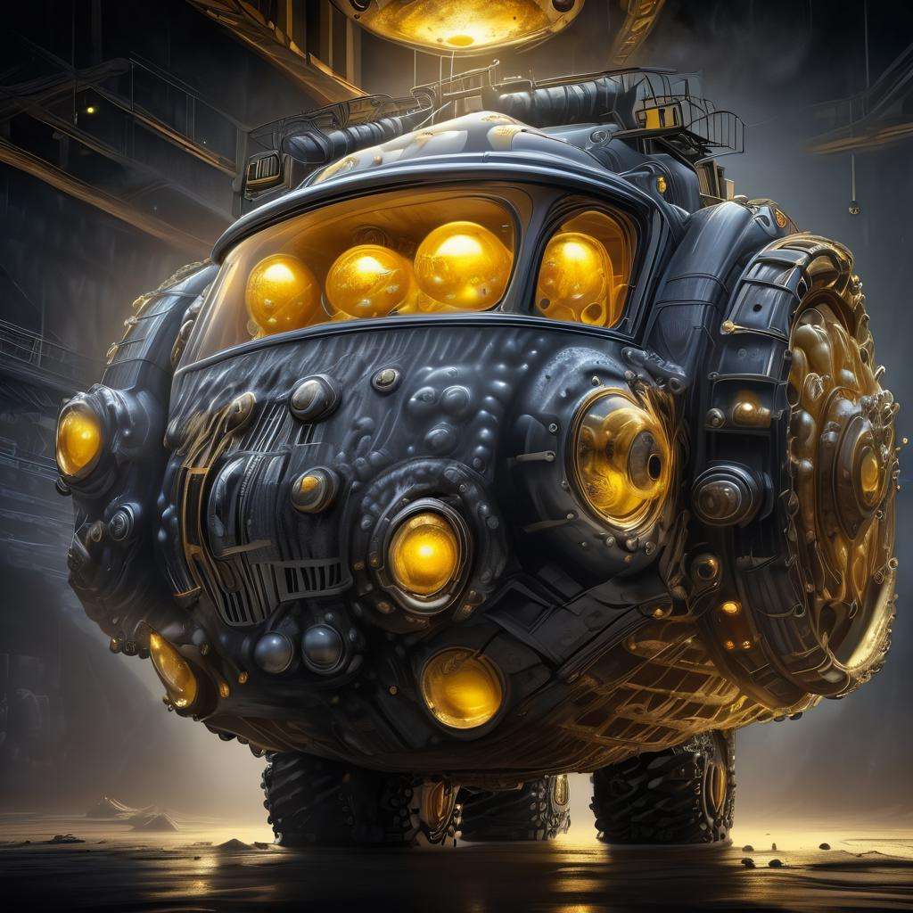 DonML1quidG0ldXL female Huge Construction Vehicle, Portholes,  Mood Lighting,   Titanium, Imposing,  Chiseled Surface, <lora:DonML1quidG0ldXL-000007:0.8>