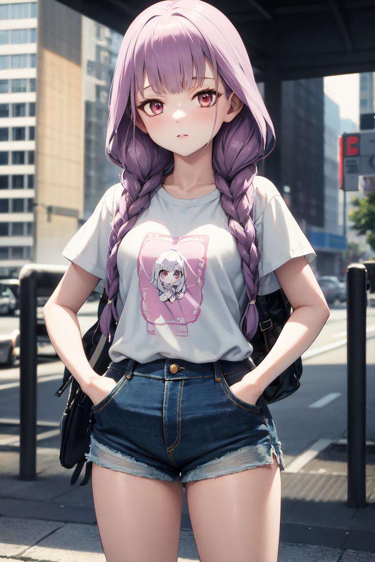 masterpiece, best quality, absurdres, perfect anatomy, 1girl, solo, HitotsuyanagiYuri, graphic tee, denim shorts, standing, outdoors, city, hands in pockets, <lora:HitotsuyanagiYuri:1.0>