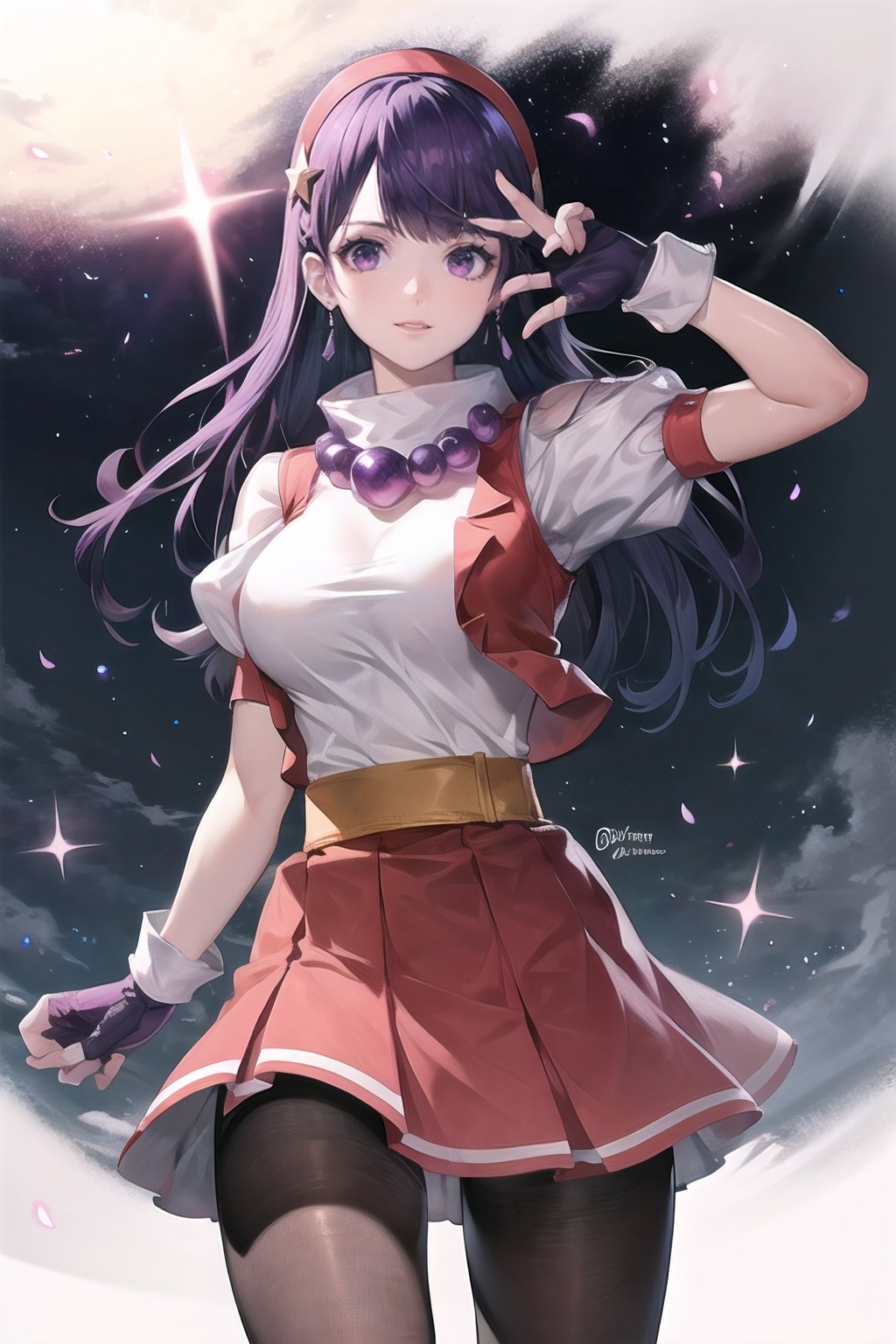 asamiya_white_top_ownwaifu,hairband,long hair,purple hair,gloves,fingerless gloves,purple eyes,red hairband,jewelry,star (symbol),hair ornament,pantyhose,skirt ,star hair ornament,breasts,earrings,vest,short sleeves,necklace,red skirt,bangs,large breasts,red gloves,puffy sleeves,shirt,white shirt,


masterpiece,best quality,ultra detailed, 8k, cinematic light,highly detailed, scenery,pose,solo,looking at viewer,