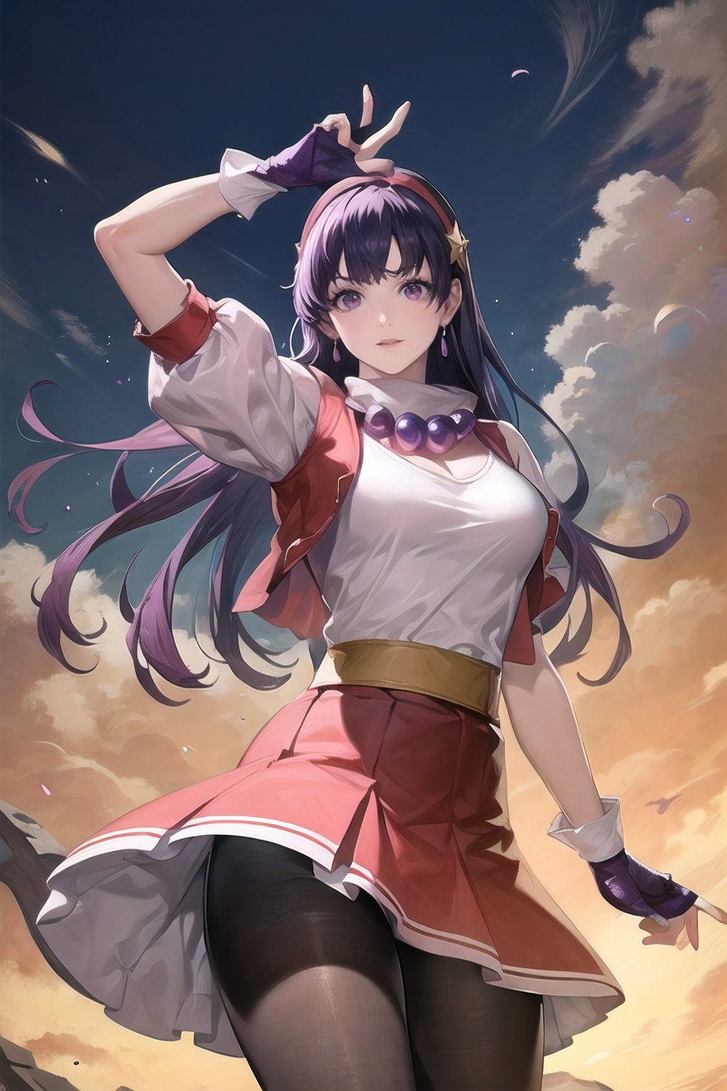 asamiya_white_top_ownwaifu,hairband,long hair,purple hair,gloves,fingerless gloves,purple eyes,red hairband,jewelry,star (symbol),hair ornament,pantyhose,skirt ,star hair ornament,breasts,earrings,vest,short sleeves,necklace,red skirt,bangs,large breasts,red gloves,puffy sleeves,shirt,white shirt,


masterpiece,best quality,ultra detailed, 8k, cinematic light,highly detailed, scenery,pose,solo,looking at viewer,