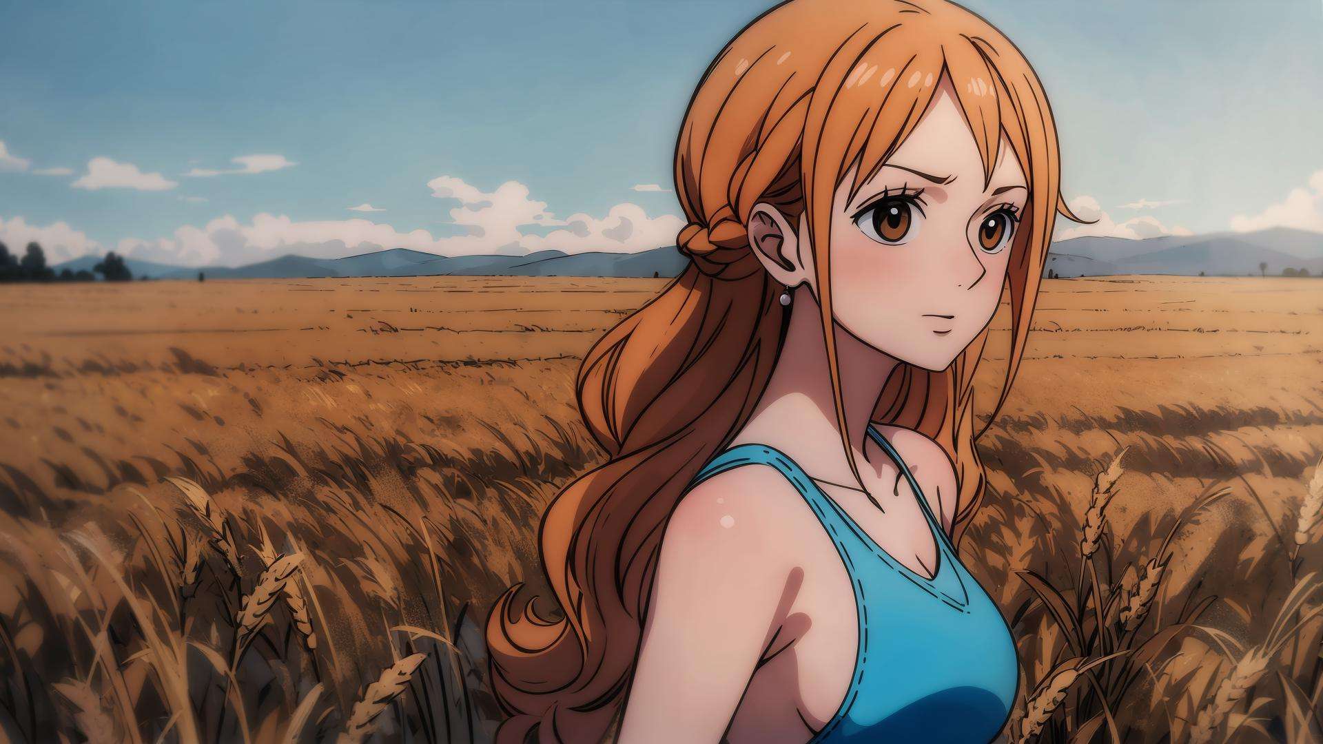 <lora:namiv2:1>  best quality, masterpiece,1girl, dusk, cloudy, wheat  field