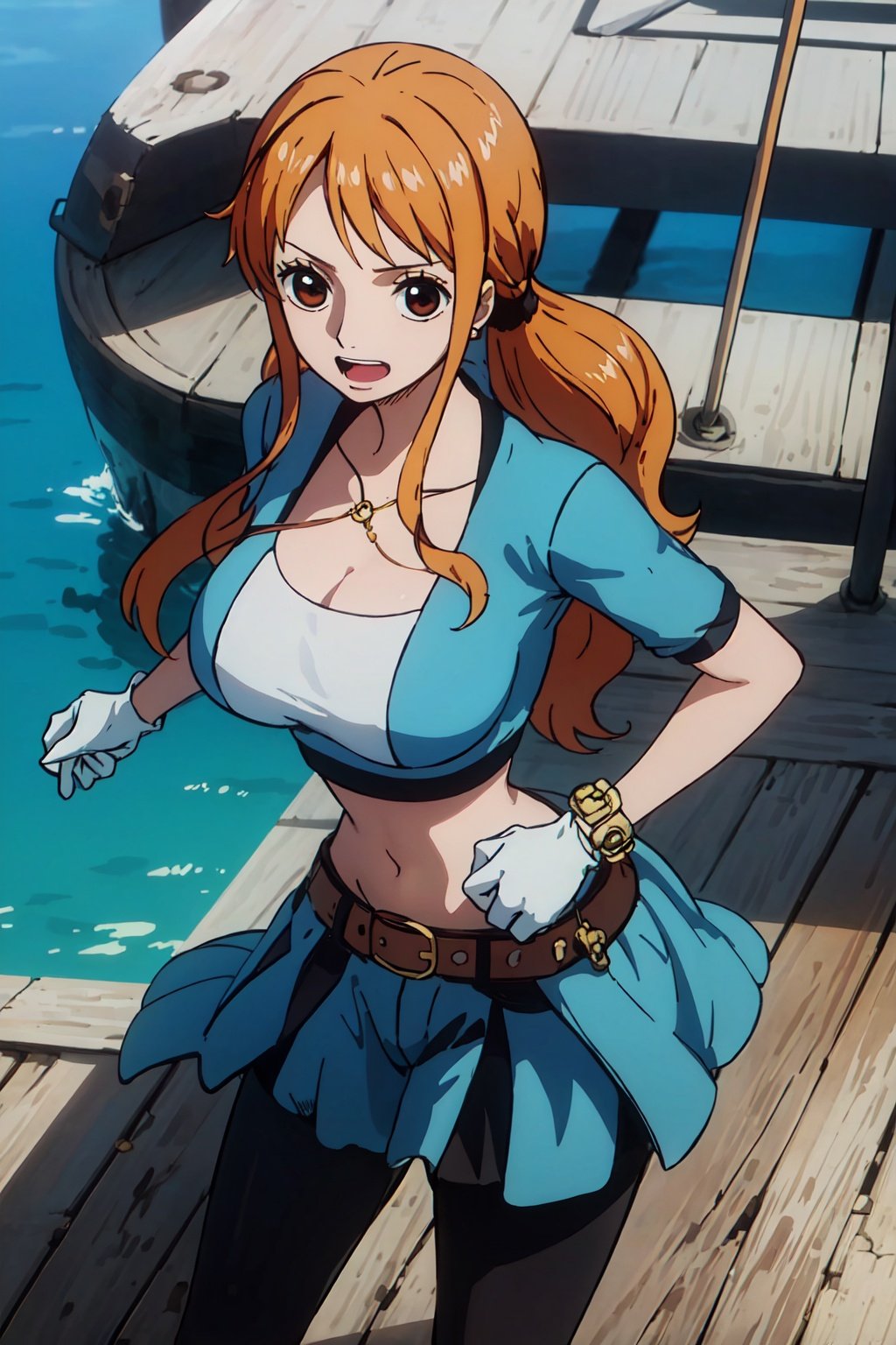 masterpiece, best quality, (detailed eyes, detailed background), absurdres, highres, ultra detailed, masterpiece, best quality, brown eyes,  sea, sailboat, pirate ship, :d, blue clothes 