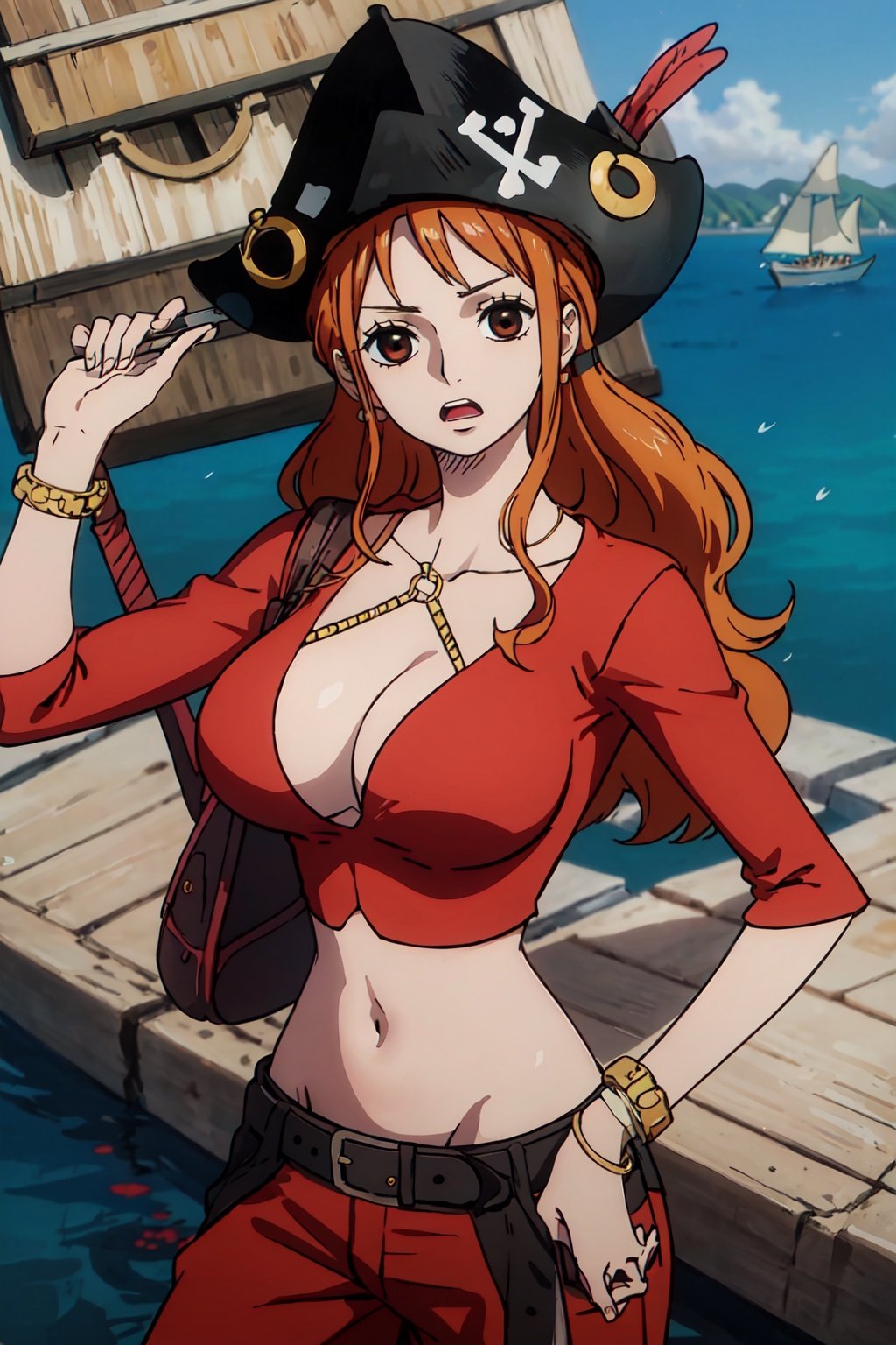 masterpiece, best quality, (detailed eyes, detailed background), absurdres, highres, ultra detailed, masterpiece, best quality, brown eyes,  sea, sailboat, pirate ship, :o, red clothes 