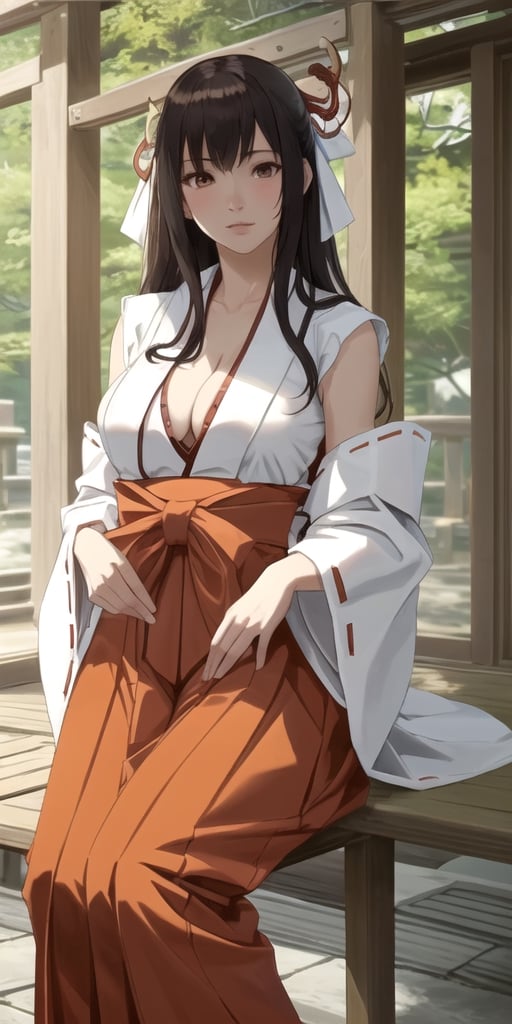 1girl, realistic, solo,  (masterpiece:1.2), best quality,  outside, looking_at_camera ,  miko embrace, red hakama, miko_clothes, miko_dress, cleavage cutout