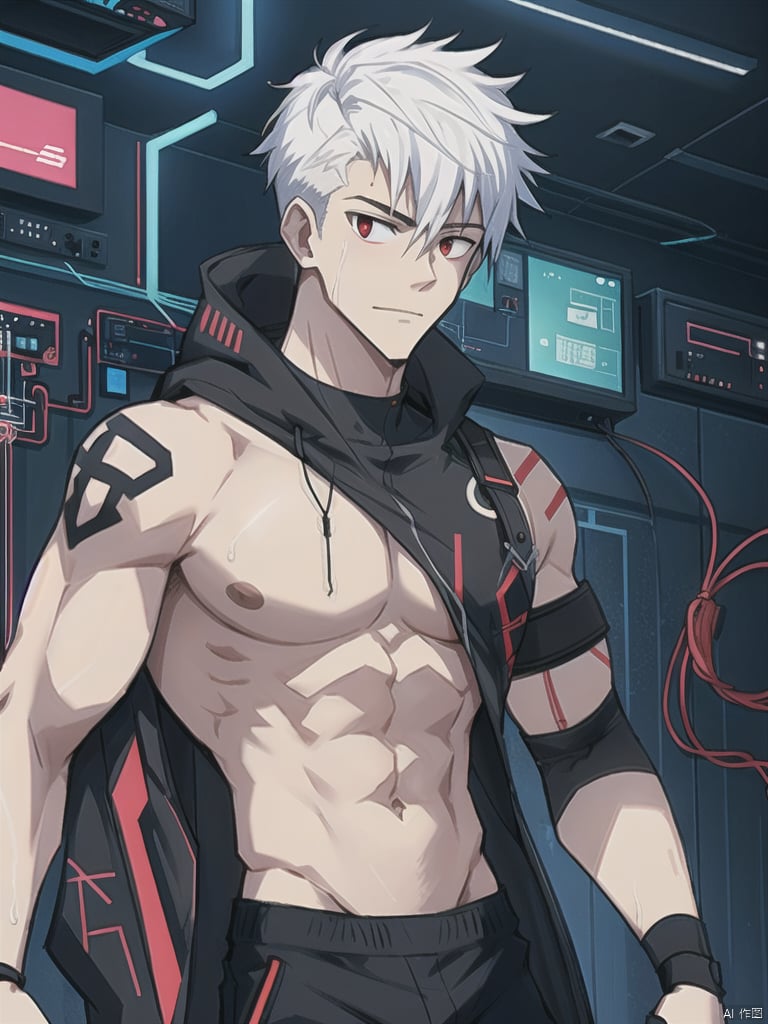  1boy, topless,muscular, Cyberpunk, cyberprosthesis, white circuit,white hair, red eyes, teenage,upper body, wet body,neon tattoo, circuits, electronic components,