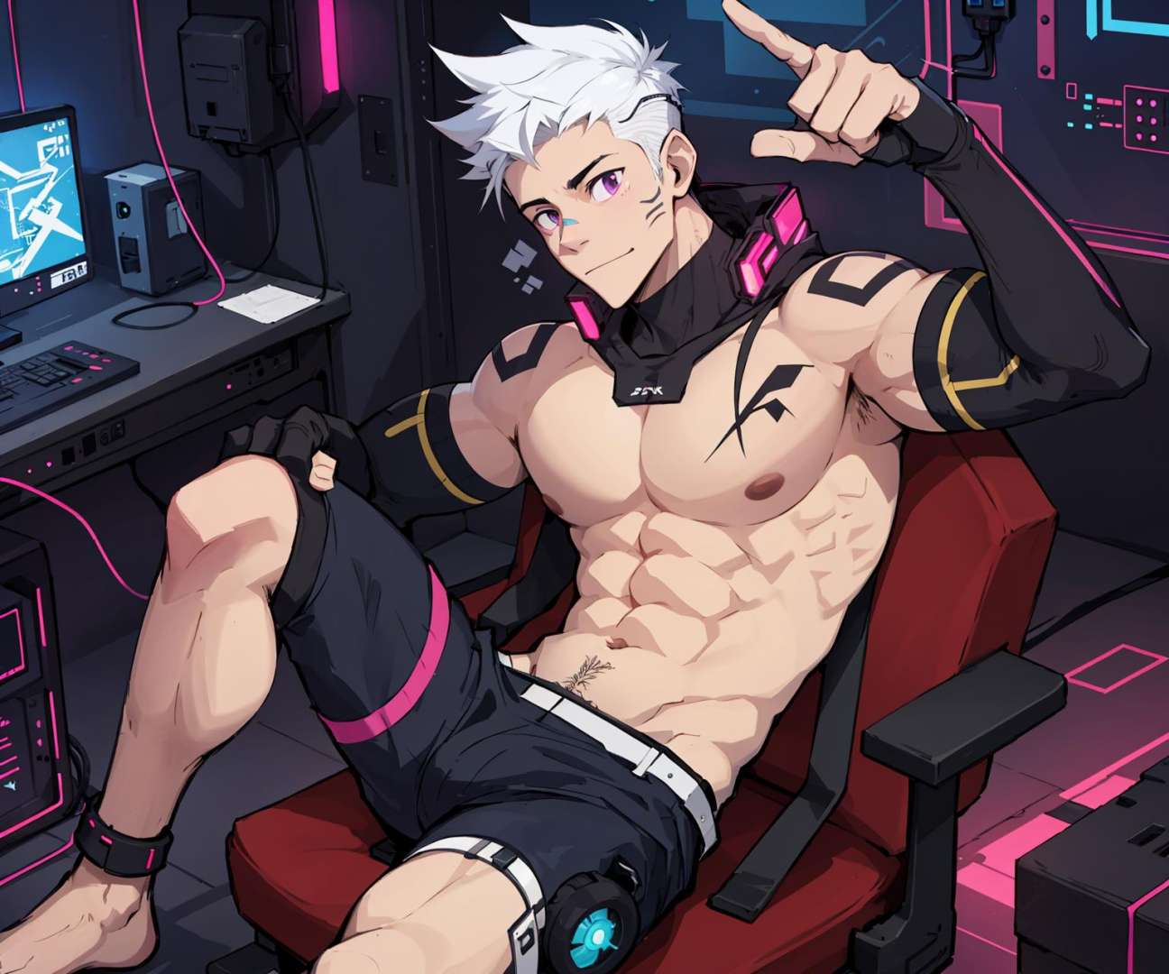 1boy, topless,muscular, Cyberpunk, cyberprosthesis, white circuit,white hair, purple eyes,neon tattoo,circuits, electronic components,feet out of frame, undercut,good hands,aged up, <lora:xiangao-000014:1>