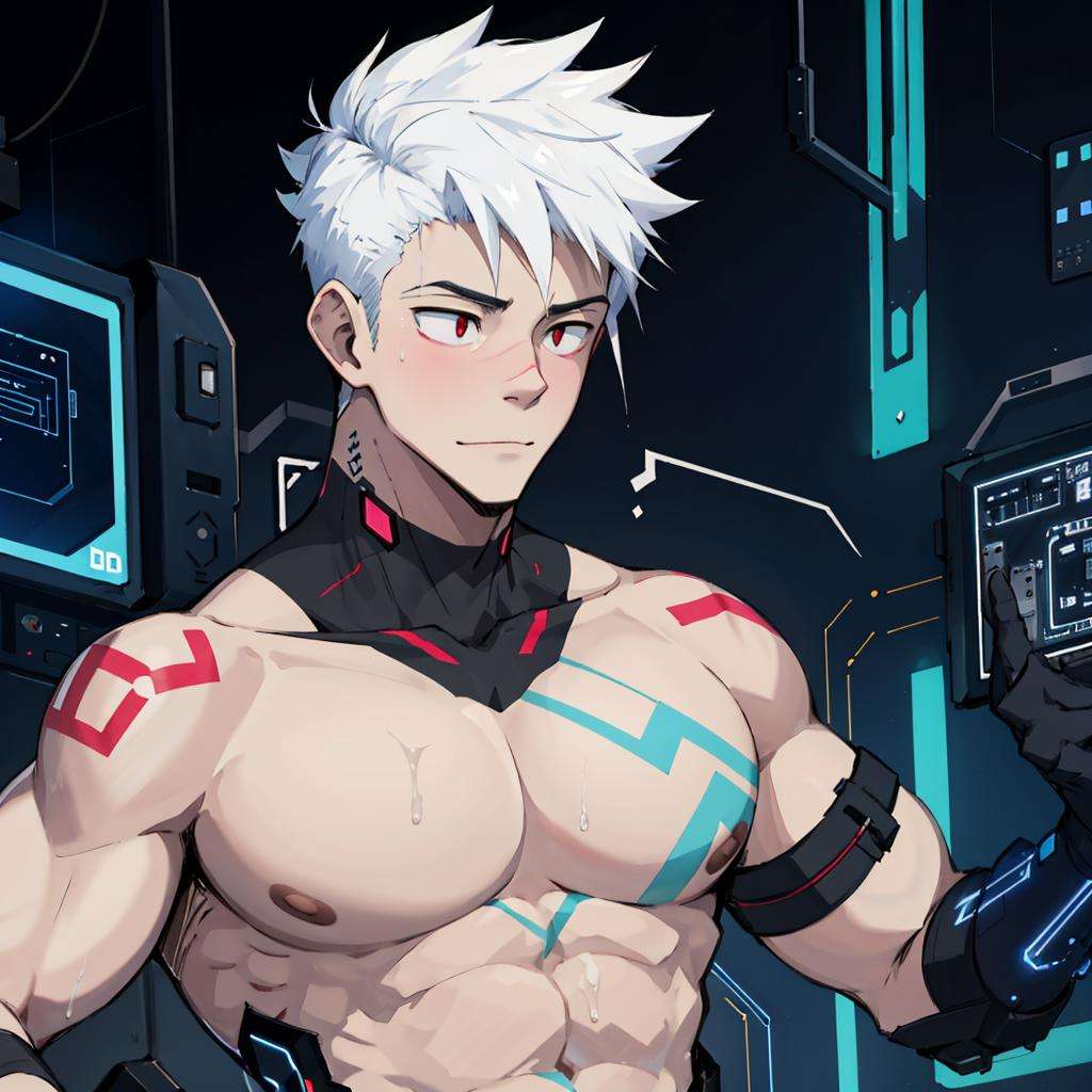 1boy, topless,muscular, Cyberpunk, cyberprosthesis, white circuit,white hair, red eyes,  teenage,upper body, wet body,neon tattoo,  circuits, electronic components,<lora:xiangao-000014:1>