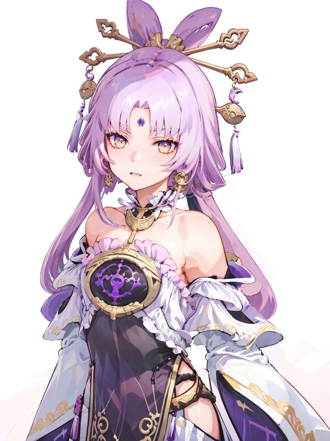 masterpiece, best quality, <lora:StarRail_Fuxuan_AP_v1:0.85>, 1girl, official, loli, purple and yellow eyes, purple hair, bare shoulders, detached sleeves, hair ornament, upper body, looking at viewer, pink background, simple background,  white background, 