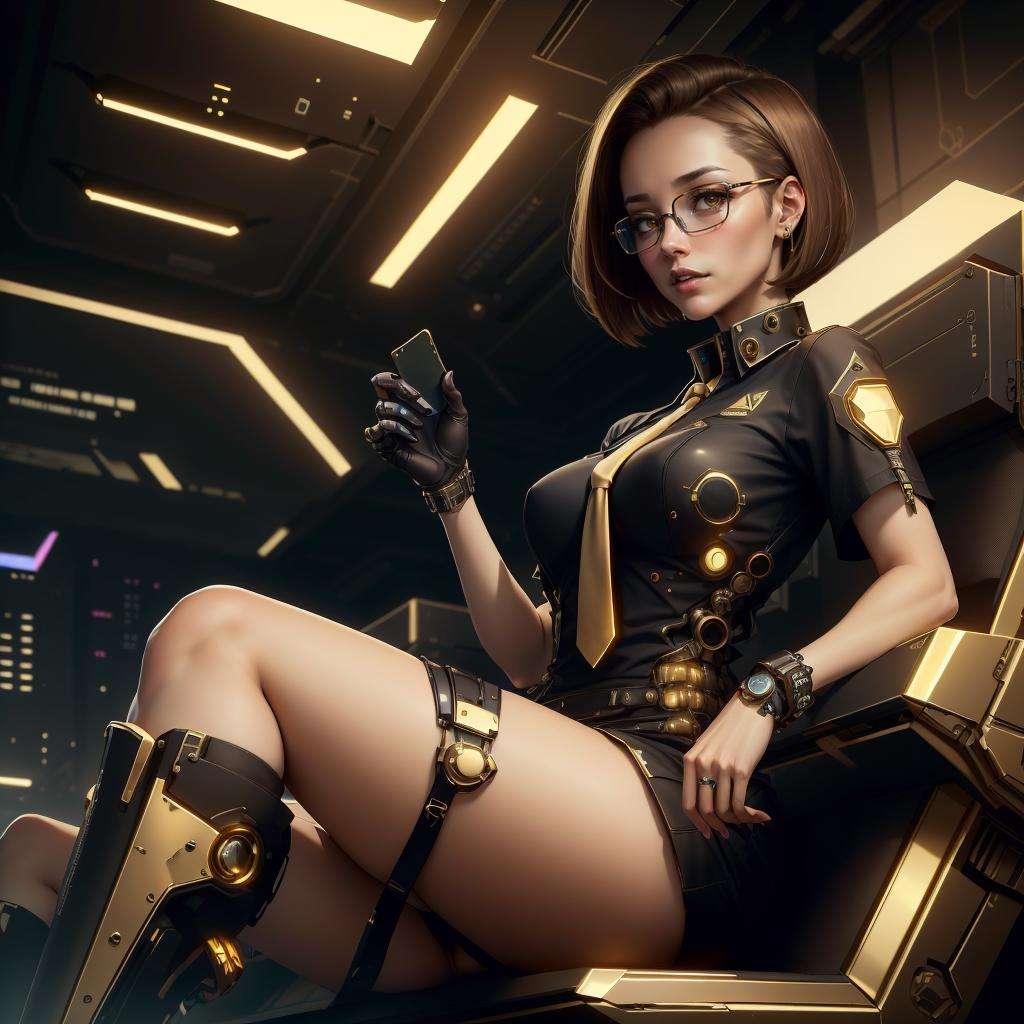 <lora:LuxTech-20:1>,luxtech ,scifi, luxurious,  gold, cyberpunk, office lady, glasses, brown hair, bob cut, miniskirt,  shirt, necktie, 