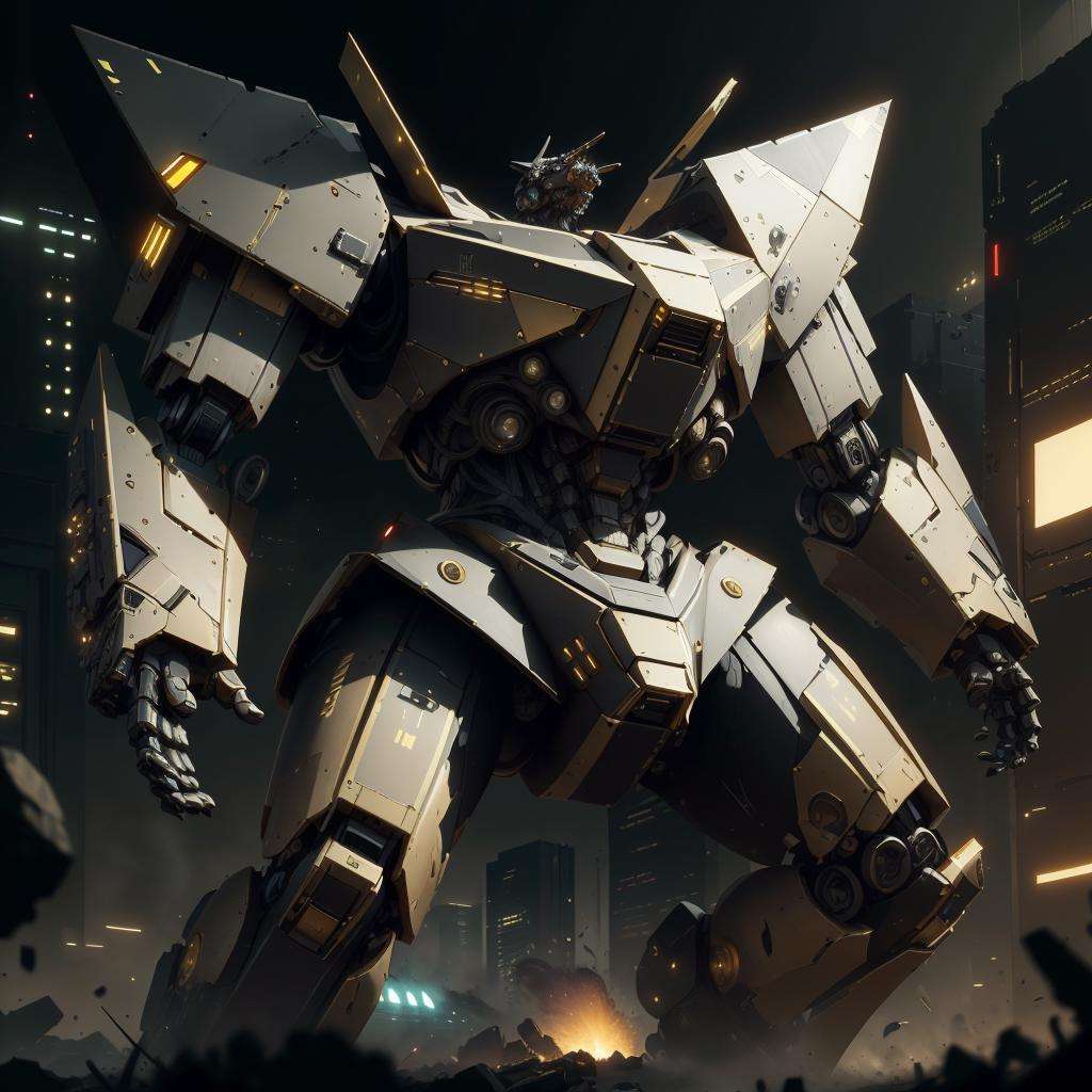 <lora:LuxTech-20:0.8>,luxtech ,scifi, luxurious,  cyberpunk, battle mech , destruction,