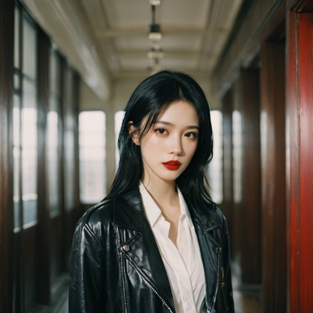 FilmGirl, 1girl, solo, black hair, long hair, black eyes, shirt, jacket, white shirt, realistic, upper body, indoors, looking at viewer, lips, black jacket, red lips