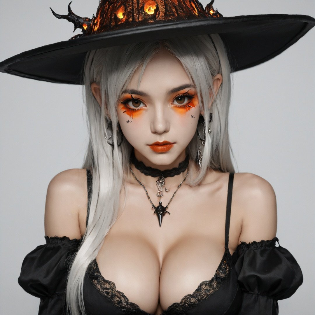  1girl,solo,earrings,jewelry,hat,red eyes, (cleavage:1.3),mask,jack-o'-lantern,pointy ears,looking at viewer,long hair,witch hat,halloween,upper body,dress,pumpkin,white hair,black dress,breasts,black headwear,glowing,bangs,closed mouth,witch,thorns,black background,lips,medium breasts,fire,artist name,english text, FilmGirl