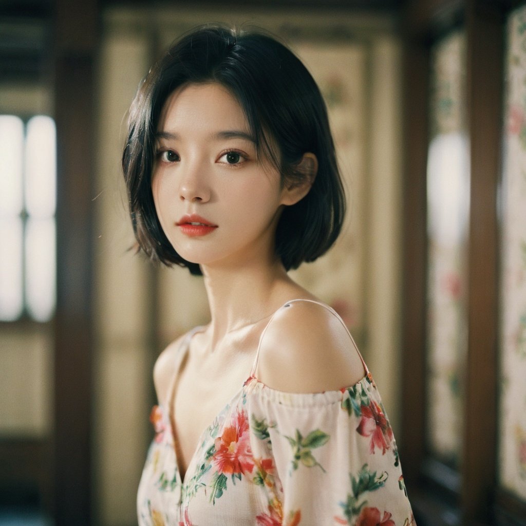 FilmGirl, 1girl, solo, looking at viewer, black hair, short hair, upper body, black eyes, lips, realistic, floral print, bare shoulders, closed mouth, collarbone, forehead, blurry, indoors, blurry background, off shoulder, shirt