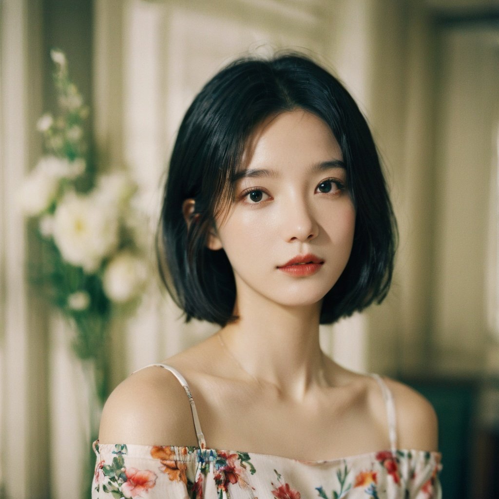 FilmGirl, 1girl, solo, looking at viewer, black hair, short hair, upper body, black eyes, lips, realistic, floral print, bare shoulders, closed mouth, collarbone, forehead, blurry, indoors, blurry background, off shoulder, shirt