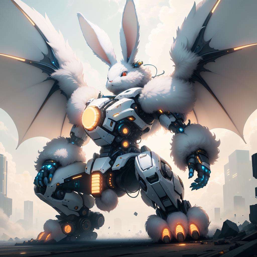 <lora:BunnyTech-20:0.8>,bunnytech ,   fluffy ,  best quality, ultra high res, dragon mecha,wings,