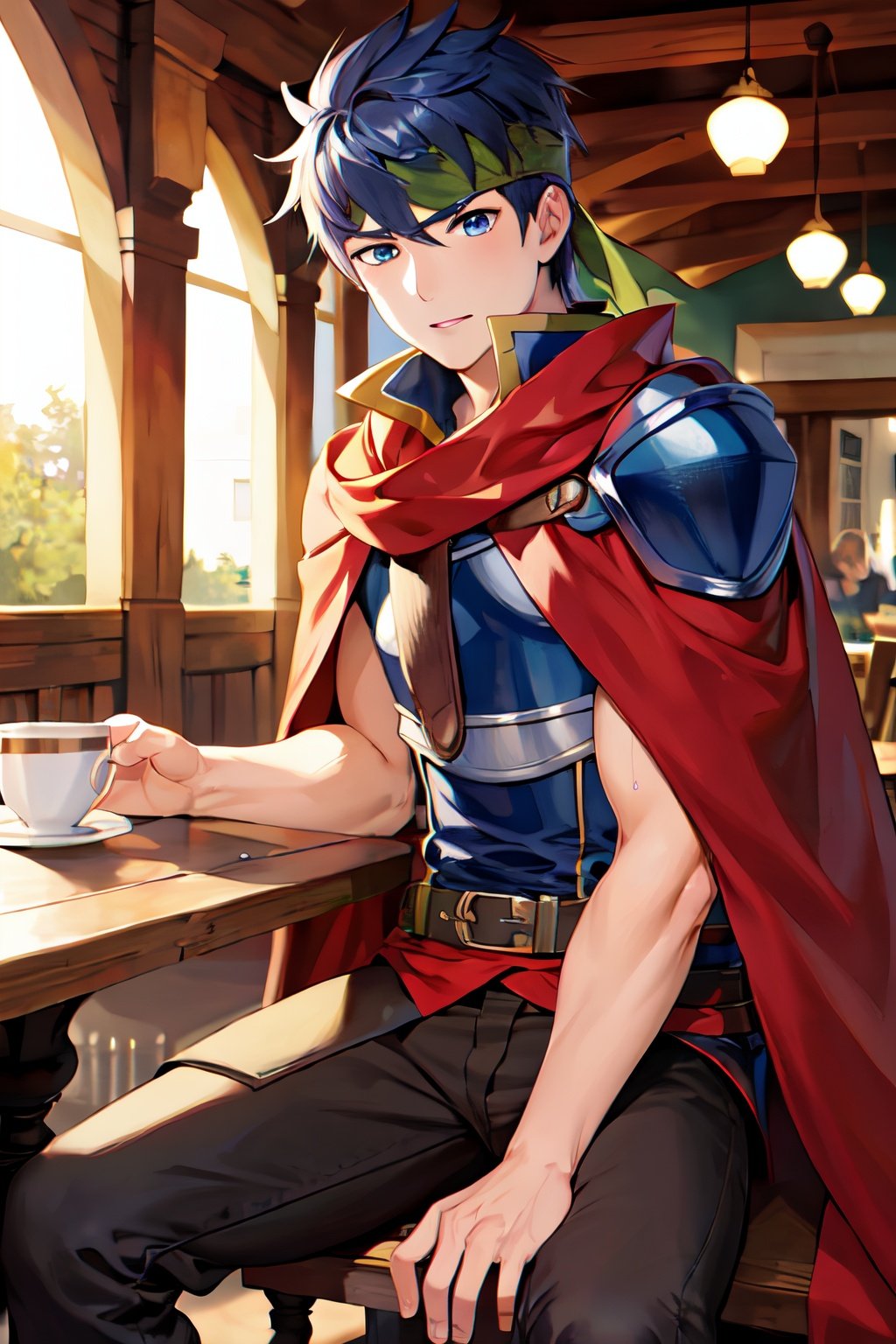 masterpiece, best quality, highres, 1boy, ike, blue eyes, armor, headband, cape, cafe, sitting