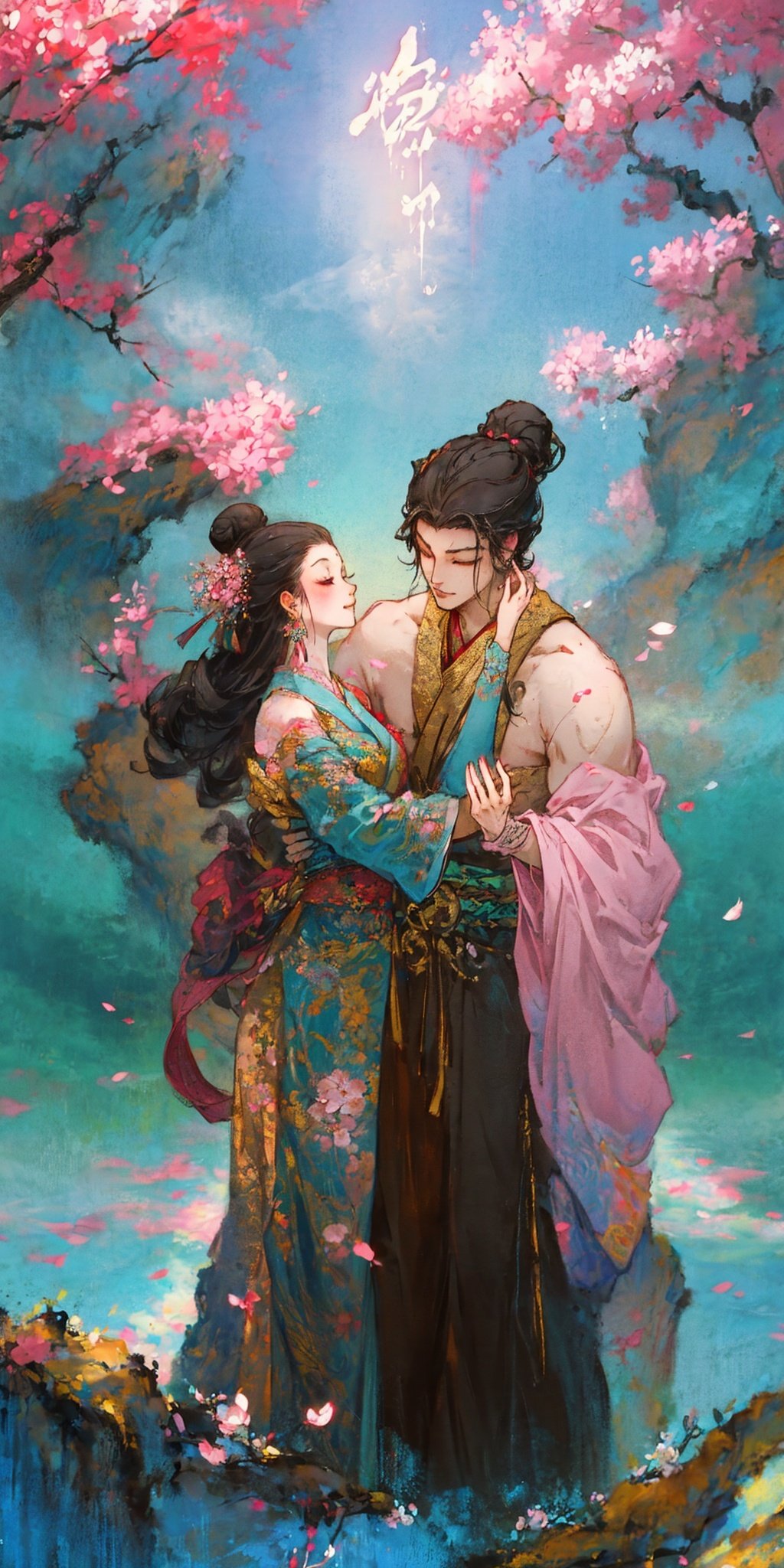 QX,long hair,hair ornament,dress,very long hair,outdoors,day,multiple boys,black hair,pink dress,flower,hair flower,petals,cherry blossoms,white hair,jewelry,floral print,1girl,chinese clothes,earrings,closed eyes,sky,long sleeves,white gloves,braid,gloves,wide sleeves,blue sky,ponytail,standing,hair bun,couple,looking at another,hug,smile,single hair bun,pink flower,hanfu,falling petals,bare shoulders,blurry, <lora:QX1.0:0.2>