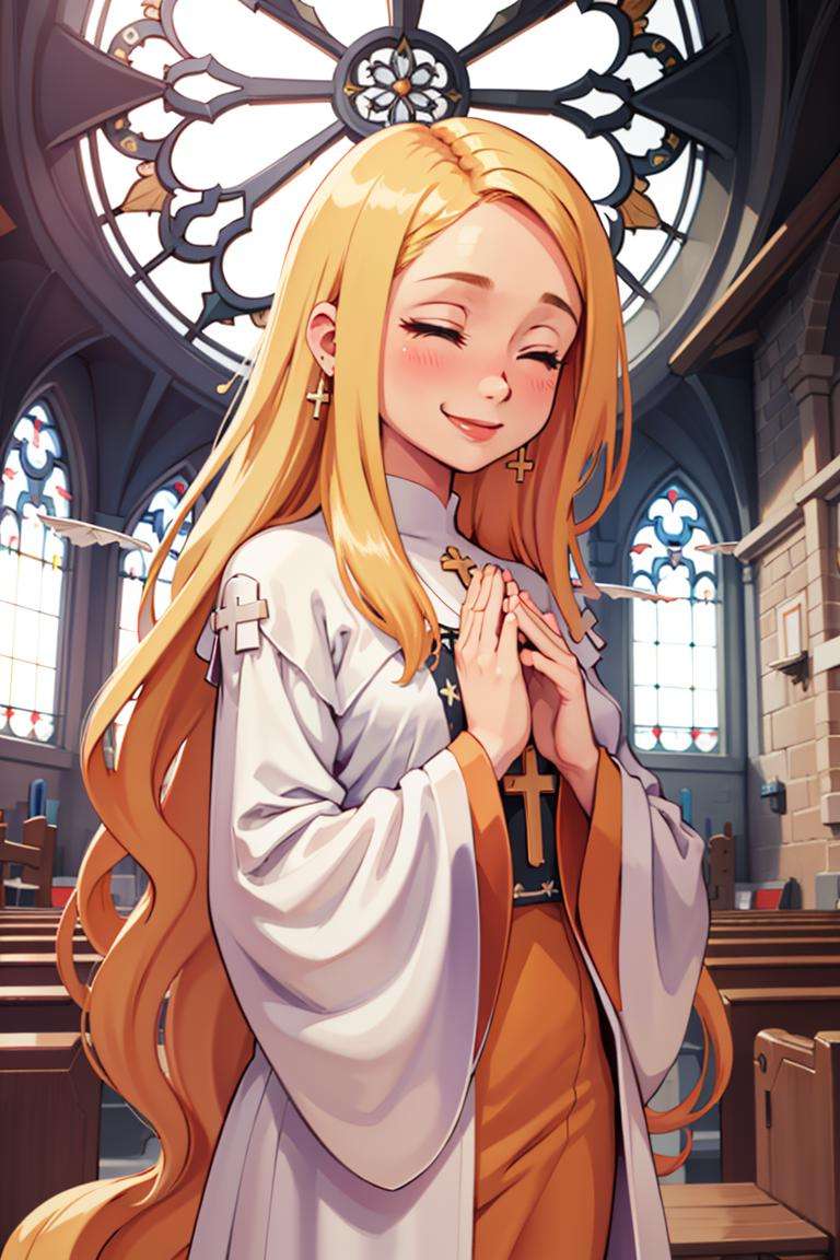 ((masterpiece,best quality)), absurdres,<lora:Alouette_La_Pucelle_Anime:0.8>, blonde, robe, very long hair, cross,  solo, eyes closed praying, smiling, blushing, upper body, church background, cinematic composition, dynamic pose,