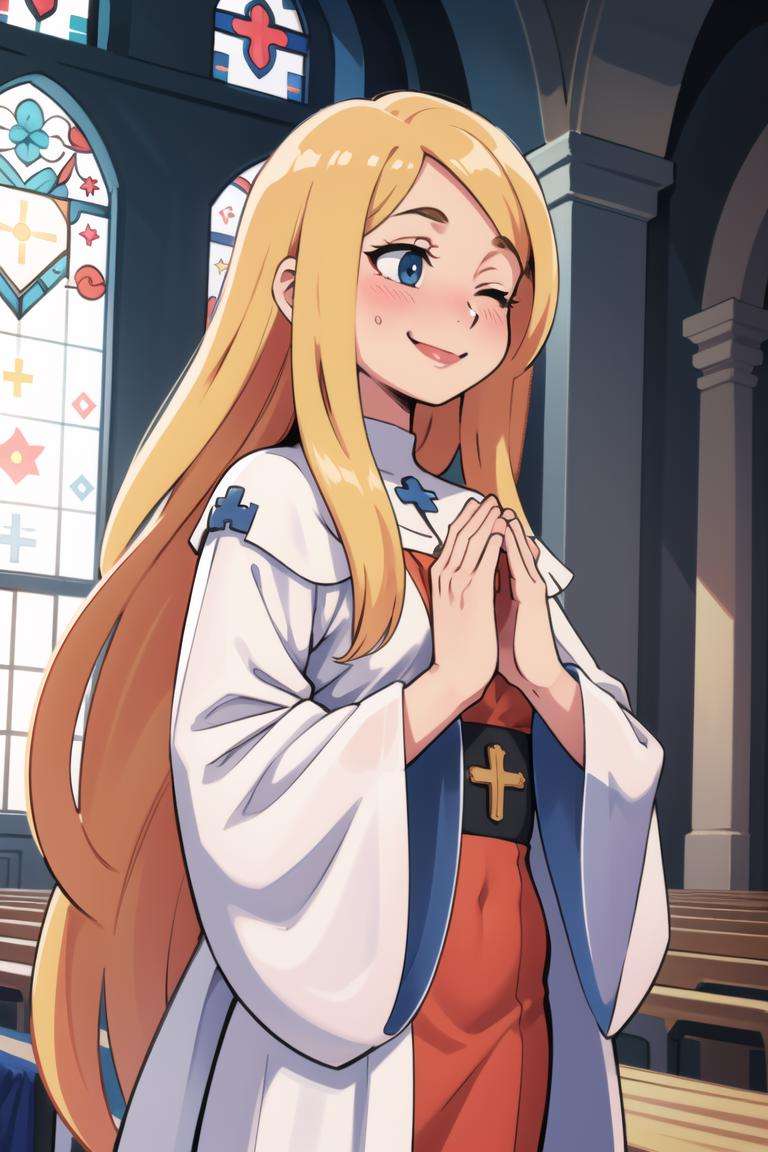 ((masterpiece,best quality)), absurdres,<lora:Alouette_La_Pucelle_Anime:0.8>, blonde, robe, very long hair, cross,  solo, eyes closed praying, smiling, blushing, upper body, church background, cinematic composition, dynamic pose,