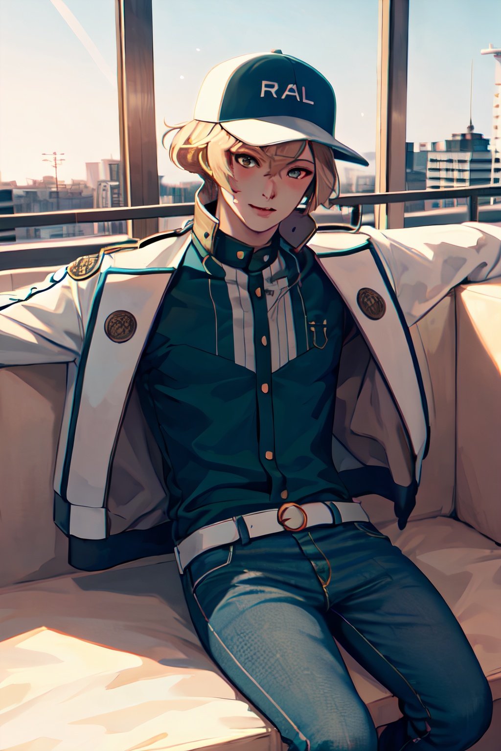 masterpiece, best quality, highres, 1boy, higekiri, baseball cap, jeans, jacket, green shirt 