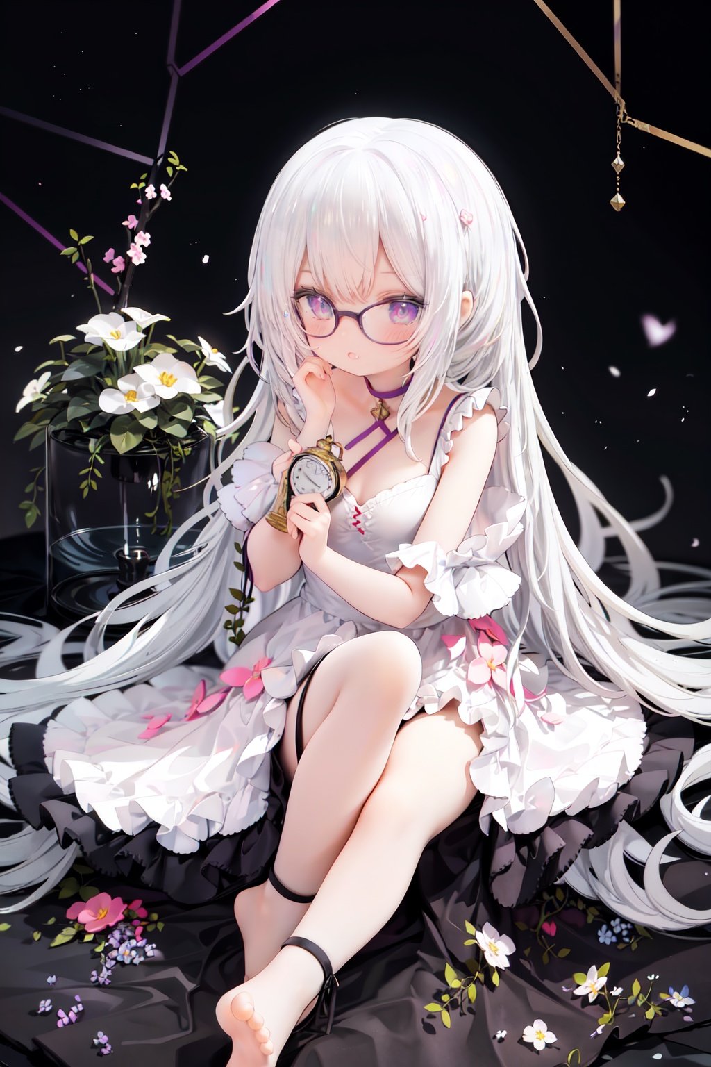 //,masterpiece, ((best quality)), (ultra-detailed), (illustration), an extremely delicate and beautiful, dynamic angle, chromatic aberration,((Medium shot)), ((colorful)),//,1girl,little girl,1girl,loli,petite,loli,looking away,Black rimmed glasses,dress,Constellation print,anklet,barefoot,sitting,(white hair:1.3),(long hair:1.3),ahoge,purple eyes,open mouth,(Dim light),classical,library, plant, Oil lamp,