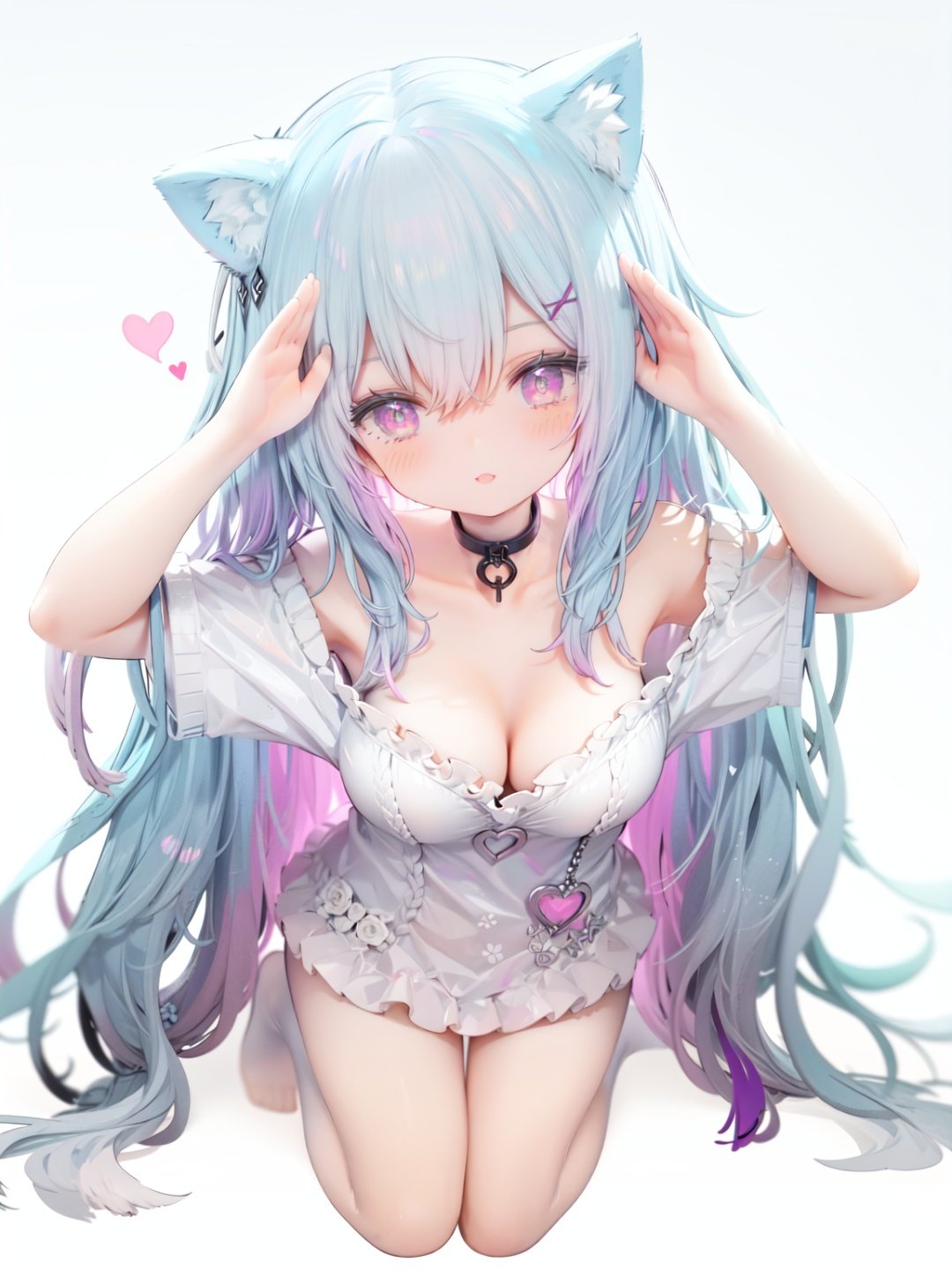 petite, loli, solo, animal ears, heart, puffy short sleeves, blue hair, long hair, off shoulder, bangs, hair ornament, gradient background,rainbow gradient, x hair ornament, animal ear fluff, looking at viewer, very long hair, blush, smile, cat ears, bare shoulders, collarbone, hand up, gradient sweater, hair between eyes, symbol-shaped pupils, arm up, heart-shaped pupils, hairclip, medium breasts, salute, bare legs,full body