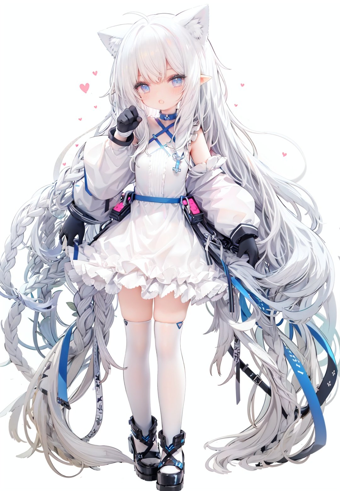 1girl, white_gloves, braid, full_body, gloves, long_hair, official_alternate_costume, pointy_ears, simple_background, solo, standing, very_long_hair, white_background,white hair,blue eyes,paw claw pose, open_mouth,