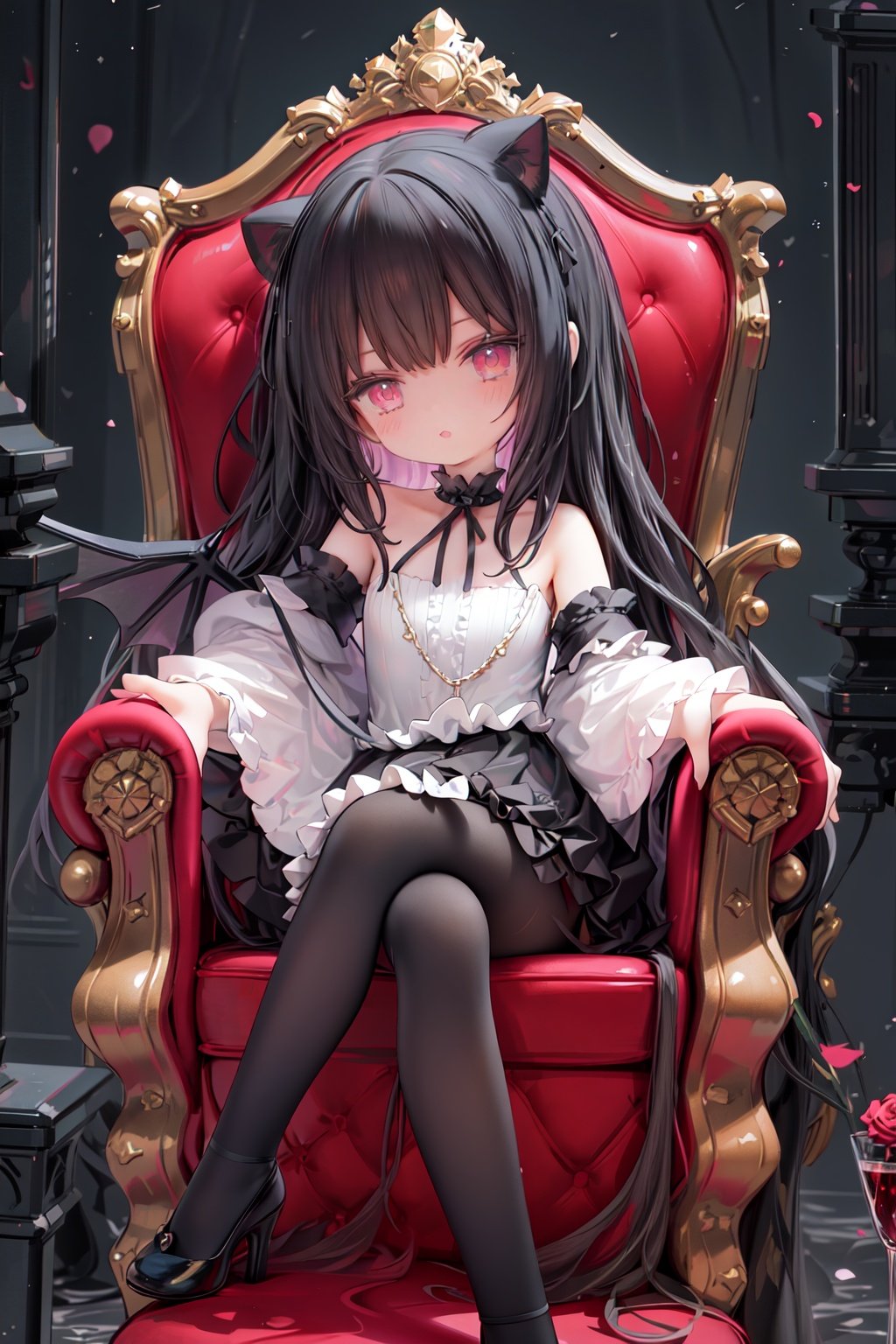 masterpiece, ((best quality)), (ultra-detailed), (illustration), an extremely delicate and beautiful girl, dynamic angle, chromatic aberration, ((colorful)),//,1girls,loli,(petite child:1.1),//,(in Gothic castle),girl with black hair,red eyes,Vertical pupil,long hair,hair arrangement,(Detailed face description),(batwing),(Gothic Lolita),(bat tail),alccandlestick,Cathedral glass,,short skirt,black pantyhose,red lace,high heels,rose tattoo,throne,sitting,crossed legs,//,