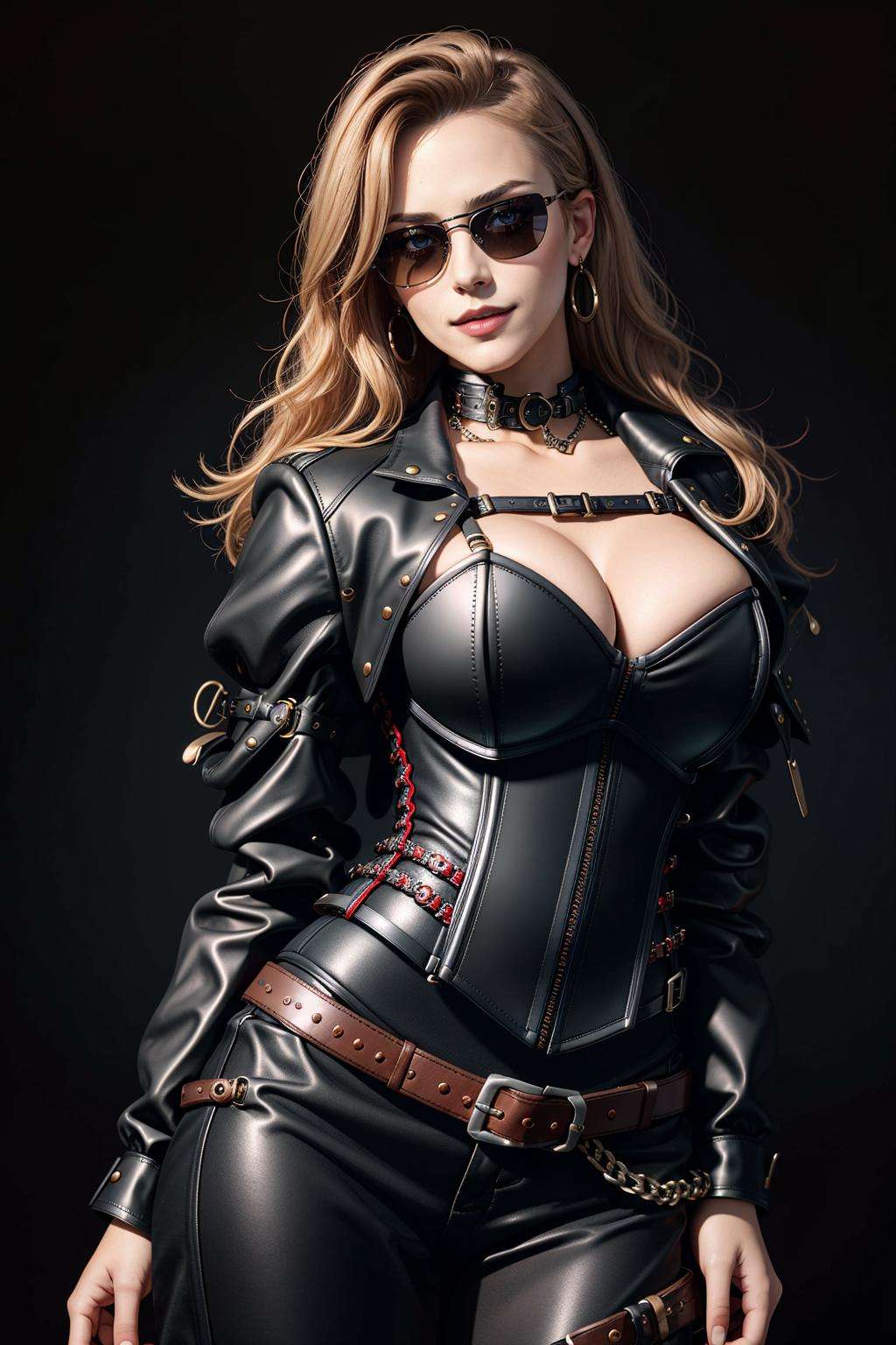 ((Masterpiece, best quality)),edgQuality,smirk,smug,black leather, eyeshadow,edgCorset, a red and black corset with a leather belt and bucklesharness,buckle,multiple chains, <lora:edgCorset:0.85>blonde nadia with sunglasses and a choker,<lora:Ultimate_Nadia:0.35>