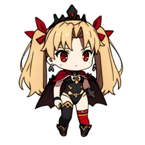 ((masterpiece)), (best quality), highres, ultra-detailed,chibi,  gfl, 3d, depth of field, figure, focused, photo (medium), photo background, pov, white background, 1girl, blonde hair, red eyes, two side up, red ribbon, tiara, earrings, black leotard, skull, gold trim, red cape, collar, single thighhigh, asymmetrical legwear, twintails,<lora:GFL:0.9>, <lora:chara_FateGrandOrder_IshtarAndEreshkigal_v1:0.8>