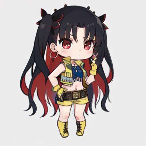 ((masterpiece)), (best quality), highres, ultra-detailed,chibi,  gfl, 3d, depth of field, figure, focused, photo (medium), photo background, pov, white background, a woman with long hair wearing tight short ha outfit and leggings, 1girl, ishtar (fate), long hair, black hair, yellow shorts, red eyes, solo, shorts, red hair, gloves, yellow vest, earrings, jewelry, multicolored hair, two-tone hair, two side up, ass, breasts, looking at viewer, fingerless gloves, hoop earrings, short shorts, blush, belt, vest, bangs, room background, yellow gloves, cropped vest,<lora:spaceishtar:0.7>,   <lora:GFL:0.9>