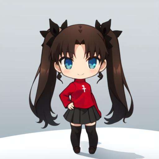 ((masterpiece)), (best quality), highres, ultra-detailed,chibi,  gfl, 3d, depth of field, figure, focused, photo (medium), photo background, pov, white background, tohsaka rin, solo, standing, looking at the viewer, smile, closed mouth, slight blush, 1girl, solo, long hair, two side up, brown hair, blue eyes, hair ribbon, red turtleneck, long sleeves, pleated skirt, black skirt, black thighhighs, twintails<lora:GFL:0.9>,  <lora:chara_FateStayNightUBW_TohsakaRin_v1:0.8>