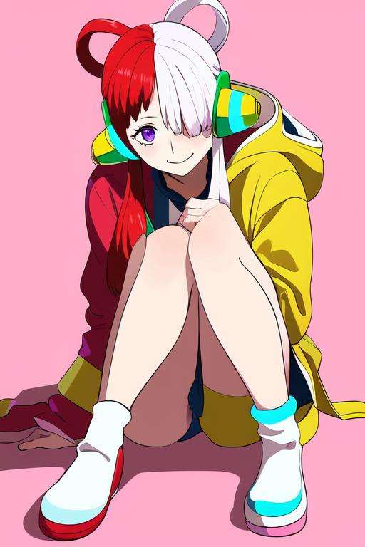 ((masterpiece)), (best quality), highres, ultra-detailed, <lora:Uta:1>white hair, multicolored hair, one piece, uta, 1girl, closed mouth, hair over one eye, headphones, hood, jacket, long hair, looking at viewer, pink background, purple eyes, red hair, shoes, smile, socks, solo, two-tone background, white footwear