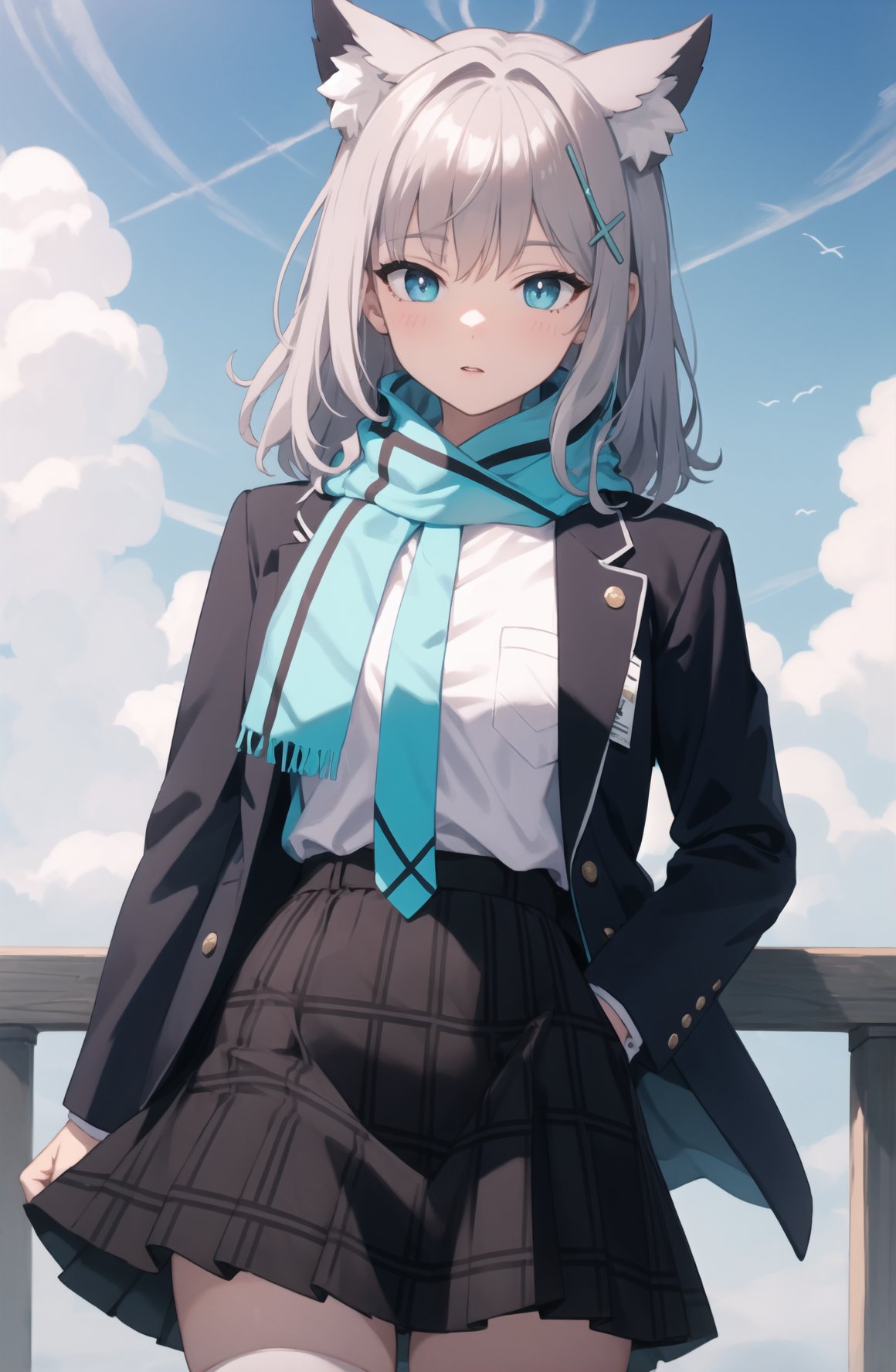 masterpiece, best quality, cowboy shot, 1girl, solo, outdoors, withLora(ShirokoBA-v1, 0.8), shiroko, grey hair, medium hair, mismatched pupils, cross hair ornament, animal ear fluff, scarf, open clothes, open jacket, blue jacket, white shirt, necktie, pleated shirt, plaid skirt, high-waist skirt, kneehighs