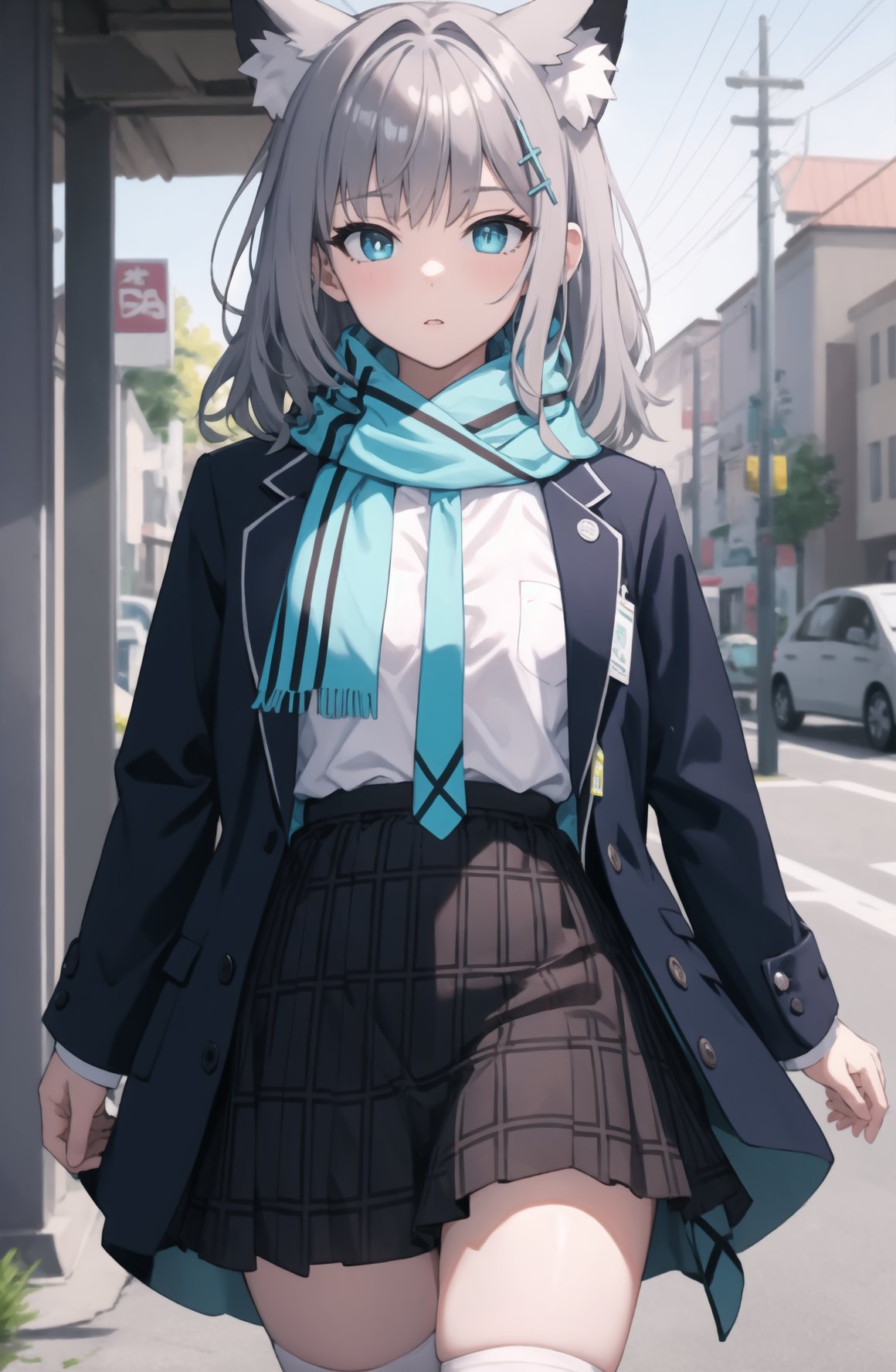 masterpiece, best quality, cowboy shot, 1girl, solo, outdoors, withLora(ShirokoBA-v1, 0.8), shiroko, grey hair, medium hair, mismatched pupils, cross hair ornament, animal ear fluff, scarf, open clothes, open jacket, blue jacket, white shirt, necktie, pleated shirt, plaid skirt, high-waist skirt, kneehighs