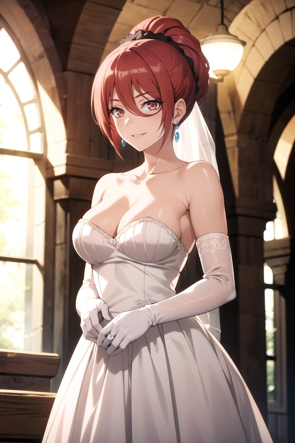 (masterpiece, best quality), intricate details, maya1hit, 1girl, red hair, long hair, ponytail, hair between eyes, scrunchie, red eyes, jewelry, earrings, large breasts, collarbone, cleavage, dress, white dress, wedding dress, strapless, strapless dress, white gloves, wedding gloves, lipstrick, makeup, smile, cowboy shot, <lora:mayav7:0.8>