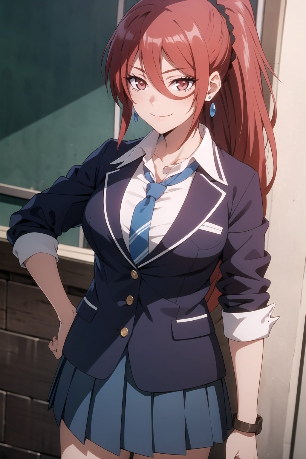 (masterpiece, best quality), intricate details, maya1hit, 1girl, red hair, long hair, ponytail, hair between eyes, scrunchie, red eyes, jewelry, earrings, large breasts,  collarbone, school uniform, shirt, white shirt, collared shirt, blazer, necktie, skirt, blue skirt, pleated skirt, smile, cowboy shot,   <lora:mayav7:0.8>