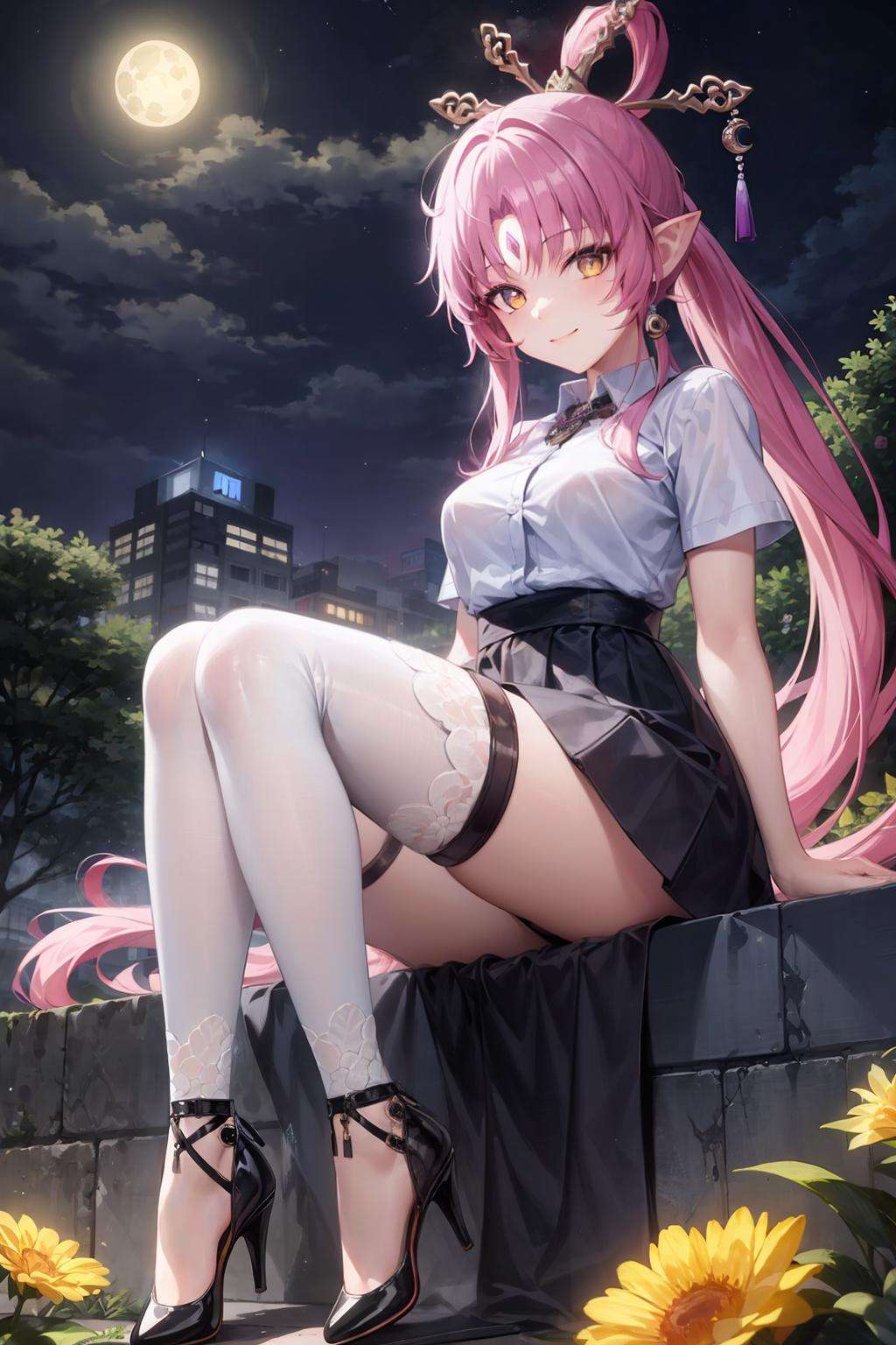 masterpiece, best quality, <lora:fuxuan-mver:1>, 1girl, long hair, pink hair, solo, sitting, forehead mark, flower, full body, facial mark, high heels, looking at viewer, bangs, white flower, moon, black footwear, breasts, hair ornament, fish, smile, very long hair, closed mouth, yellow eyes, bare legs, skirt, ponytail, night, legs, high-waist skirt, thigh strap, long sleeves, white shirt, night sky, dress, pointy ears, thighs, full moon,  sky, short sleeves, toe