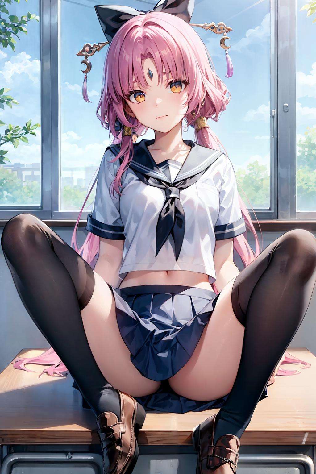 masterpiece, best quality, <lora:fuxuan-mver:1>, 1girl, solo, skirt, on desk, school uniform, long hair, pink hair, socks, desk, short sleeves, black socks, sitting, white shirt, blue skirt, shirt, pleated skirt, serafuku, kneehighs, shoes, bangs, sitting on desk, indoors, loafers, very long hair, looking at viewer, school desk, hair bow, closed mouth, bow, sailor collar, yellow eyes, midriff peek, miniskirt, collarbone, forehead mark, classroom, facial mark, neckerchief, blue sailor collar, window, blue bow, arm up, twintails, parted bangs, hair rings, brown footwear, black footwear, midriff, hair tubes, backlighting, sidelocks, hair ornament, sunlight