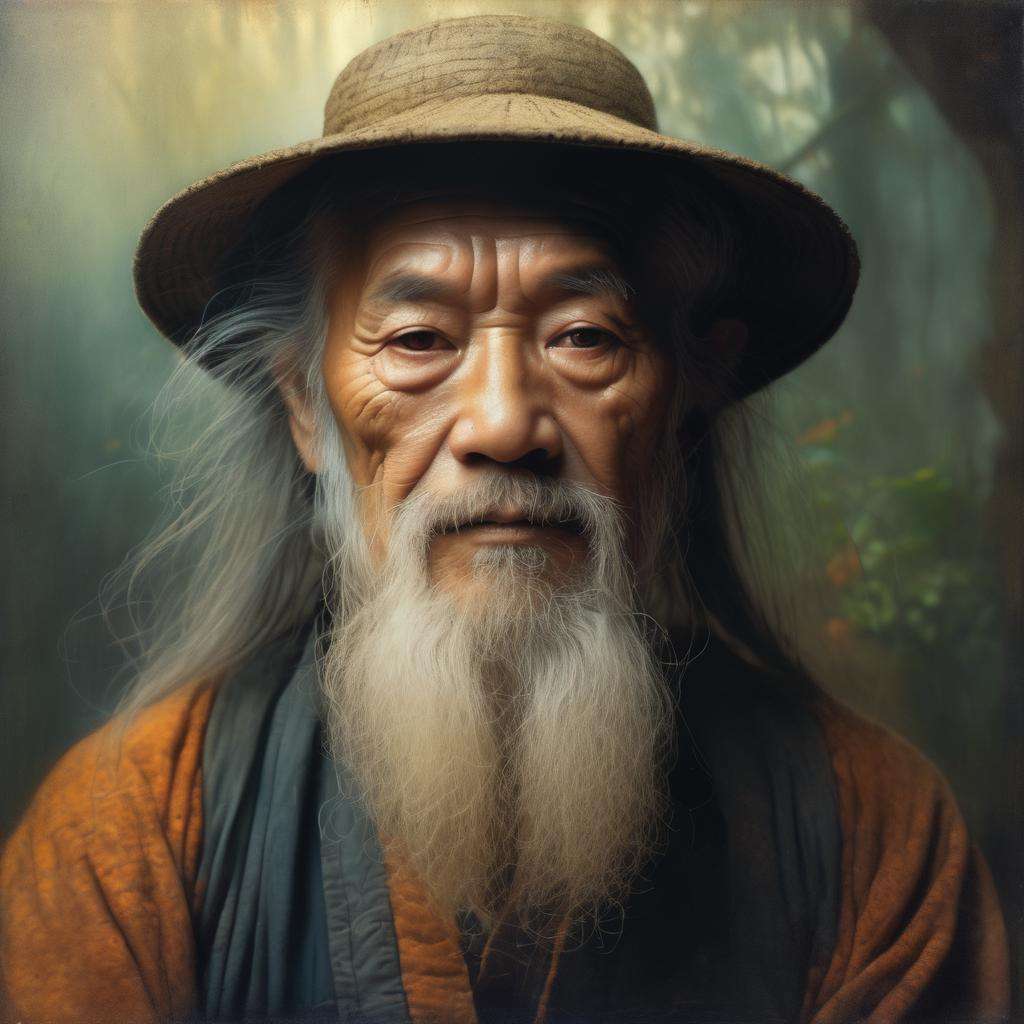 Dappled Light, photo portrait of a character, intricate pencil sketch mugshot of an old Vietnamese man with long beard:: Tom Bagshaw, Zdzislaw Beksinski, Yoshitaka Amano, Raffaello Ossola, Martin Wittfooth, Luigi Spano, Vladimir Kush :: stunning interpretive visual,, colorful, realistic eyes, dreamy magical atmosphere, (skin texture), (film grain), (warm hue, warm tone),  cinematic light, side lighting,