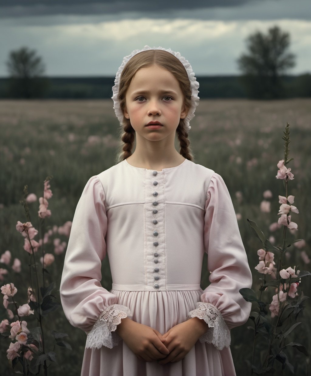 a girl in white is standing upright and holding her hands up, in the style of andrea kowch, colorized, light pink and dark gray, hans holbein the elder, movie still, pensive portraiture, soviet