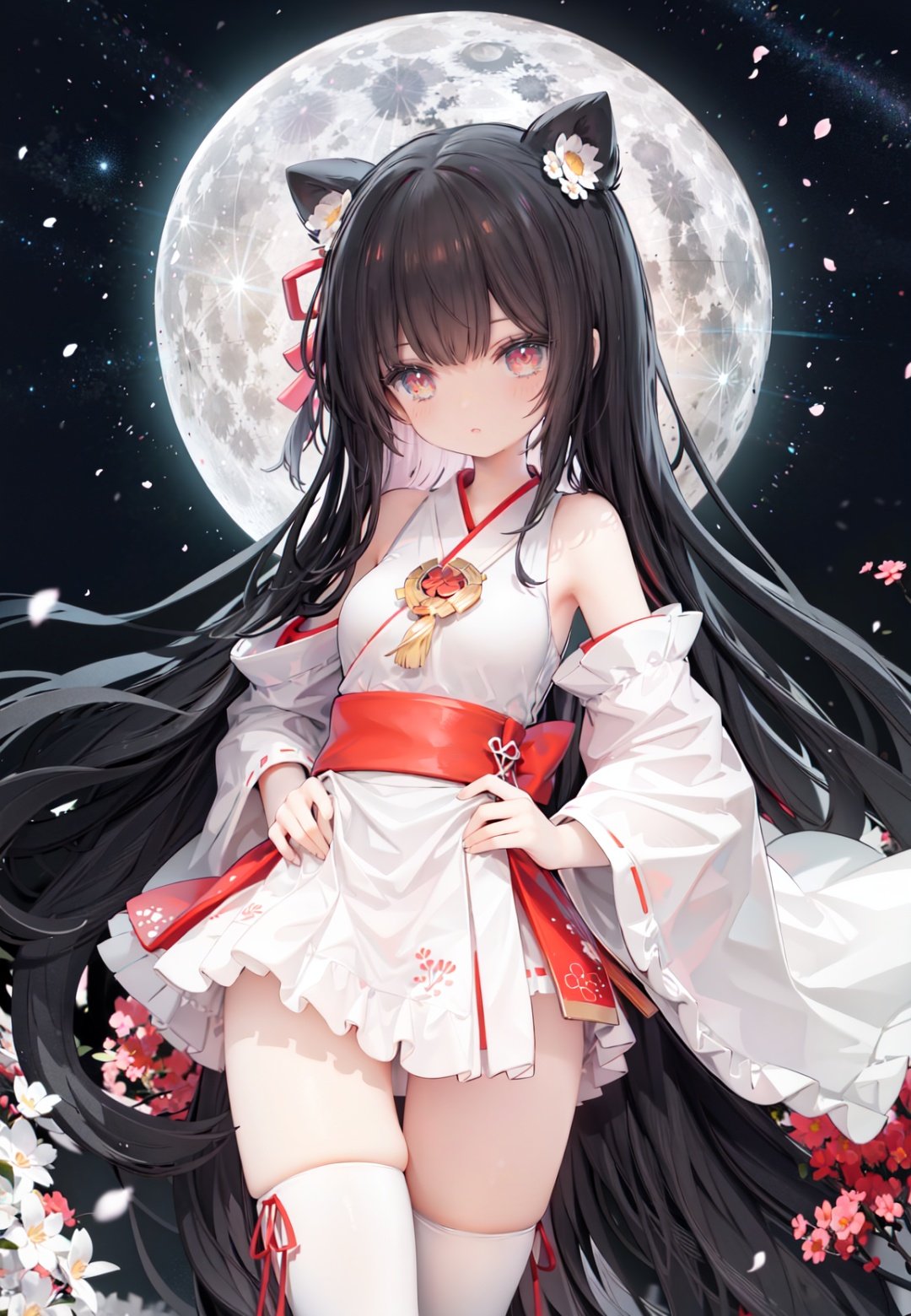 1girl, long hair, solo, thighhighs, black hair, hair ornament, moon, japanese clothes, skirt, detached sleeves, white thighhighs, miko, hakama short skirt, hair flower, very long hair, ribbon trim, ribbon-trimmed legwear, full moon, hakama skirt, hakama, brown eyes, outdoors, night, standing, looking at viewer, flower, hand on hip, tree, red skirt, sky, wide sleeves, smile, ribbon-trimmed sleeves, star (sky), fence, blush, bangs, zettai ryouiki, bare shoulders, night sky, red eyes, nontraditional miko, red hakama, thighs, closed mouth