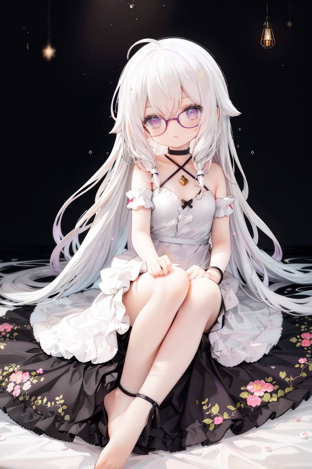 //,masterpiece, ((best quality)), (ultra-detailed), (illustration), an extremely delicate and beautiful, dynamic angle, chromatic aberration,((Medium shot)), ((colorful)),//,1girl,little girl,1girl,loli,petite,loli,looking away,Black rimmed glasses,dress,Constellation print,anklet,barefoot,sitting,(white hair:1.3),(long hair:1.3),ahoge,purple eyes,open mouth,(Dim light),classical,library, plant, Oil lamp,