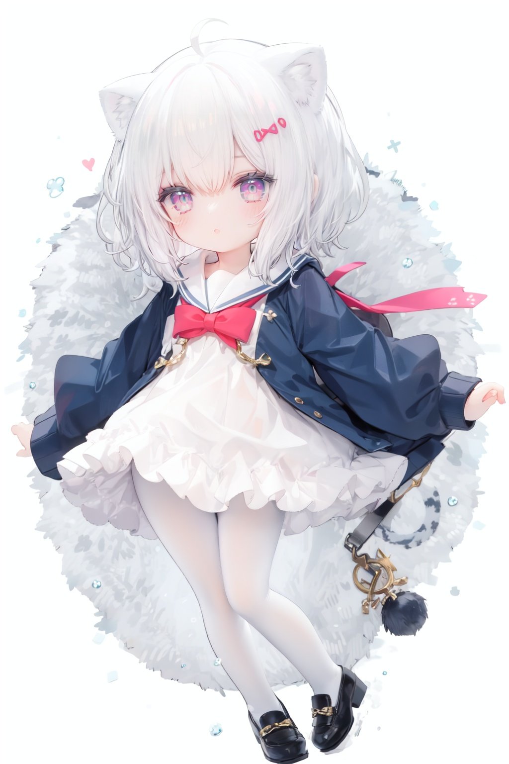 cute,Infant,solo blue shirt,blue sailor coat,loli,full body,white hair,snow leopard ear,white background,pink eyes,laugh,happy,white pantihose,white pantyhose,red armband,