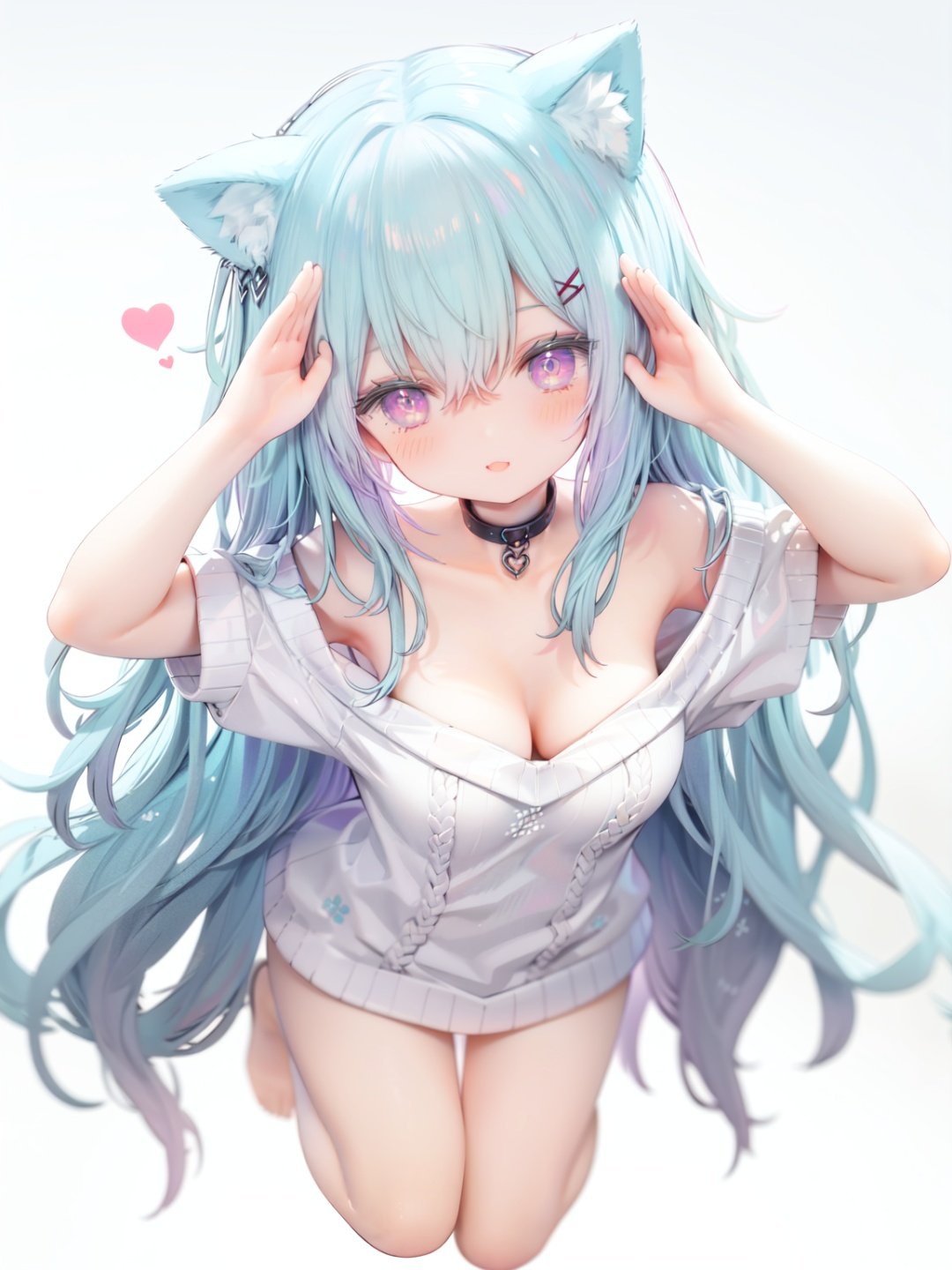 petite, loli, solo, animal ears, heart, puffy short sleeves, blue hair, long hair, off shoulder, bangs, hair ornament, gradient background,rainbow gradient, x hair ornament, animal ear fluff, looking at viewer, very long hair, blush, smile, cat ears, bare shoulders, collarbone, hand up, gradient sweater, hair between eyes, symbol-shaped pupils, arm up, heart-shaped pupils, hairclip, medium breasts, salute, bare legs,full body