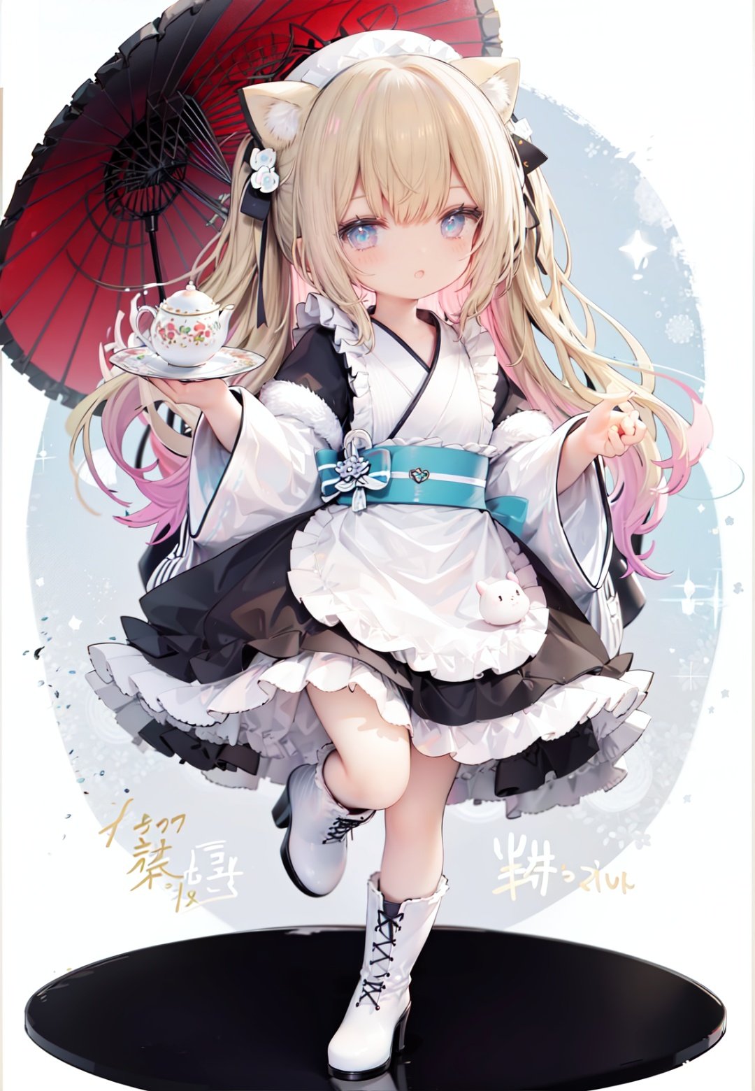 masterpiece, ((best quality)), (ultra-detailed), (illustration), dynamic angle, chromatic aberration, ((colorful)),//,1girl,loli,(petite child:1.05),//,1girl, gloves, bunny, cup, boots, teapot, teacup, apron,  solo, new year, watch, japanese clothes, holding, tray, cookie, food, long hair, kimono, looking at viewer, frills,  holding tray, happy new year, long sleeves, blue kimono, bangs, white apron, full body, bonnet, blonde hair, sparkle, frilled apron, saucer, blue eyes, sash, animal ears, arm up, waist apron,  blush, heart, parted lips, signature, eyebrows visible through hair,  plate, checkerboard cookie, white background,obi, high heel boots, hair ornament, hat, open mouth, (:o), holding plate, blue dress, aqua kimono, high heels, wa maid, green kimono, bow, fake animal ears, tea, hand up, dress, frilled sleeves, aqua eyes, light brown hair, blue headwear, checkered, belt, striped, tilted headwear, maid apron, hairband,ribbon, cupcake,