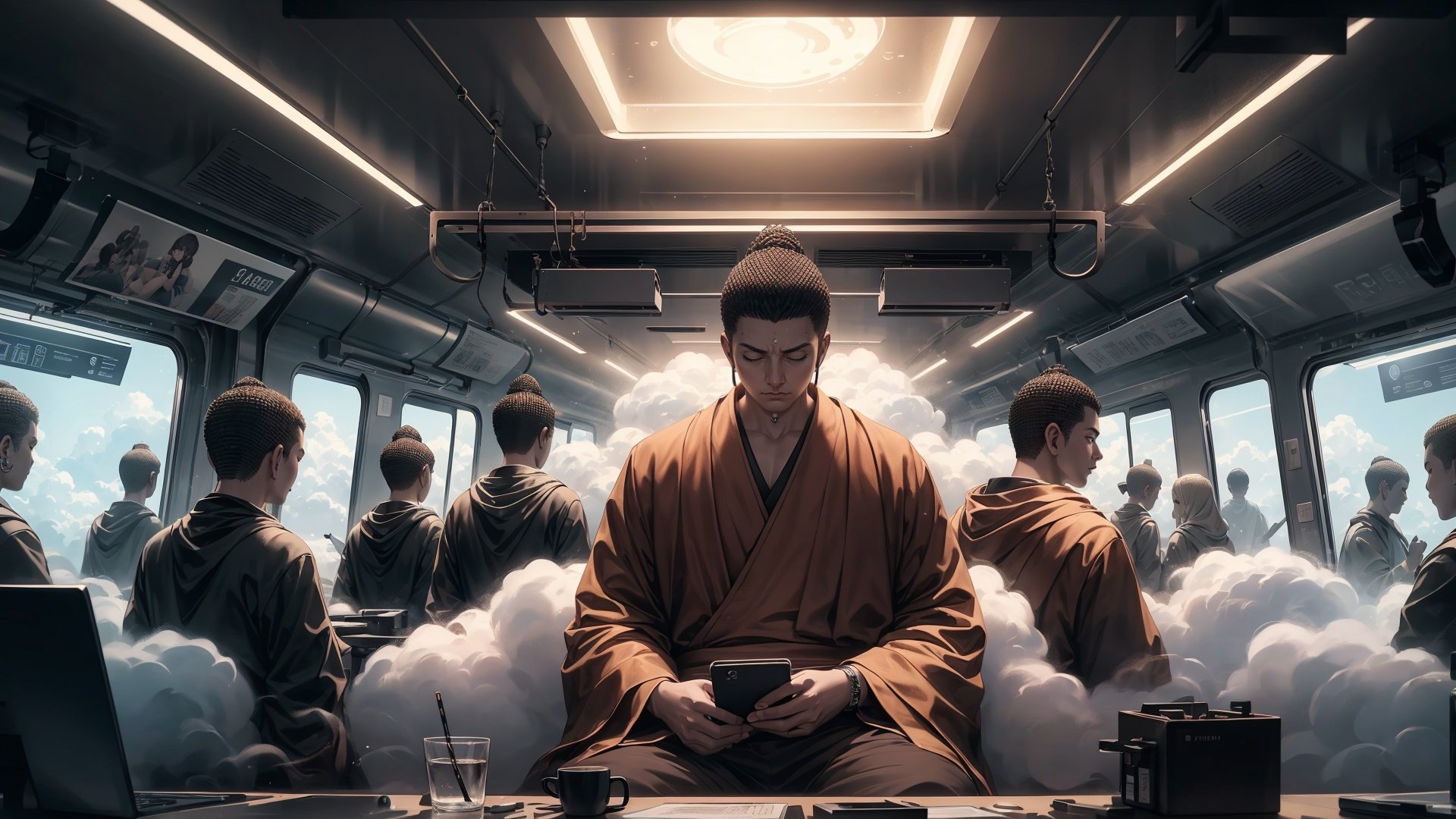 (Best quality, masterpiece), soft lighting, multiple people, Buddha on the subway, dozing off, car window reflection, aerial subway, shrouded in clouds, not looking at the camera, clear theme, moon outside the window, exquisite artistic illustrations, complex digital painting, ultra wide angle shooting, ultra realistic, ultra fine, OC rendering, high detail, ultra high quality, 16k,cyberpunk