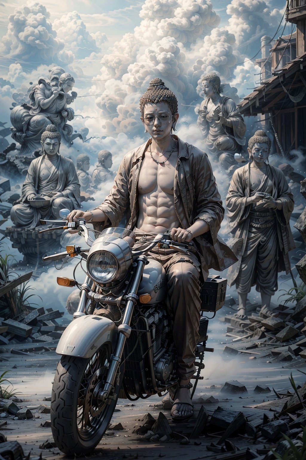 Soft light, Buddha wearing sunglasses, riding a Harley motorcycle, surrounded by clouds and mist, lightning, reflection, beautiful art illustrations, complex digital paintings, CG art, detailed details,