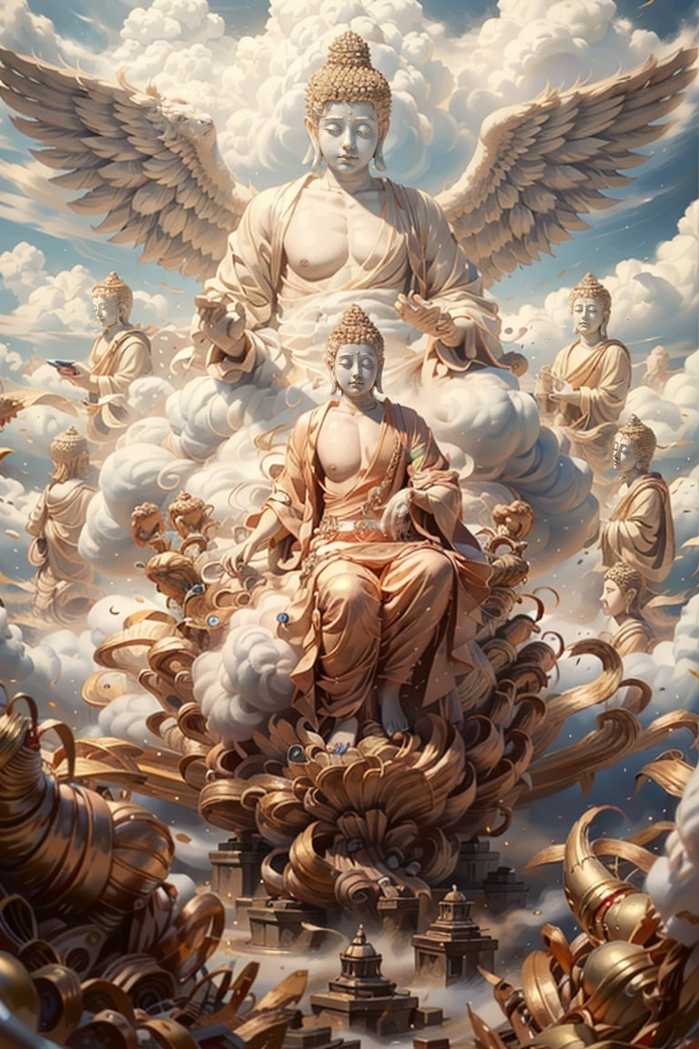 Soft light, Buddha riding on the Great Rosefinch, mythical creatures, soaring, surrounded by clouds, beautiful artistic illustrations, complex digital paintings, detailed details,Clouds